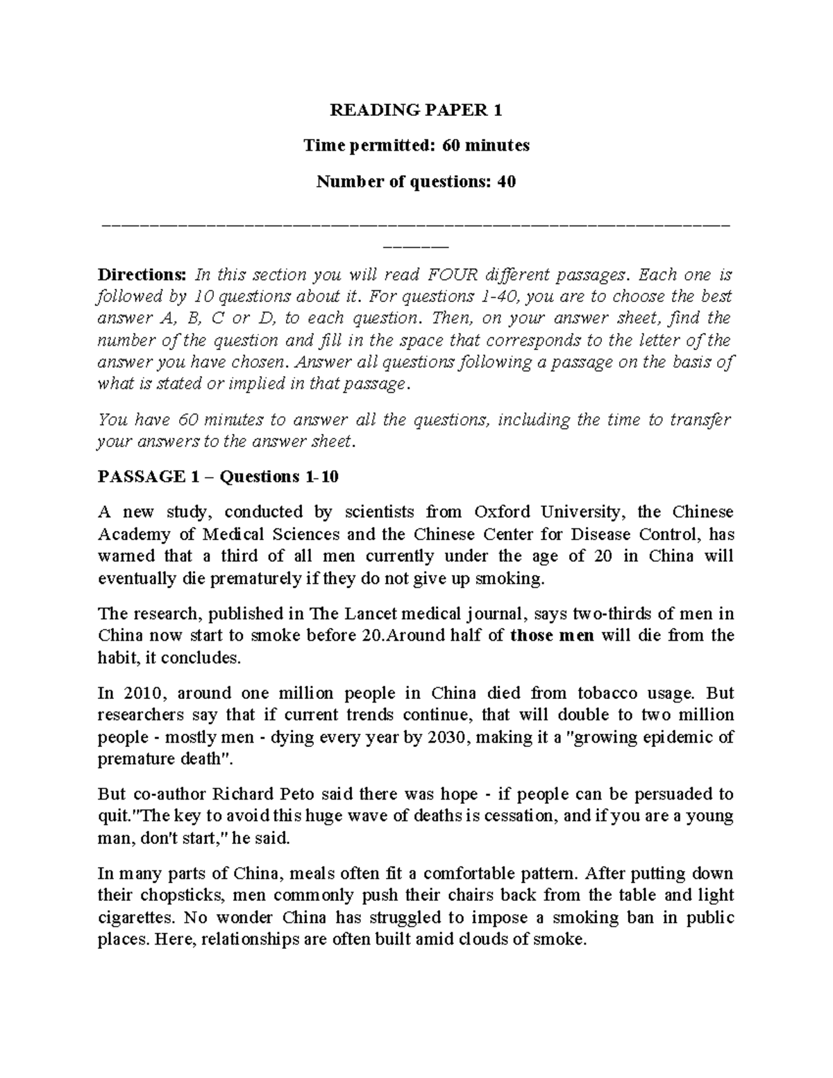 Reading Paper 1: Comprehensive Practice Questions and Passages - Studocu