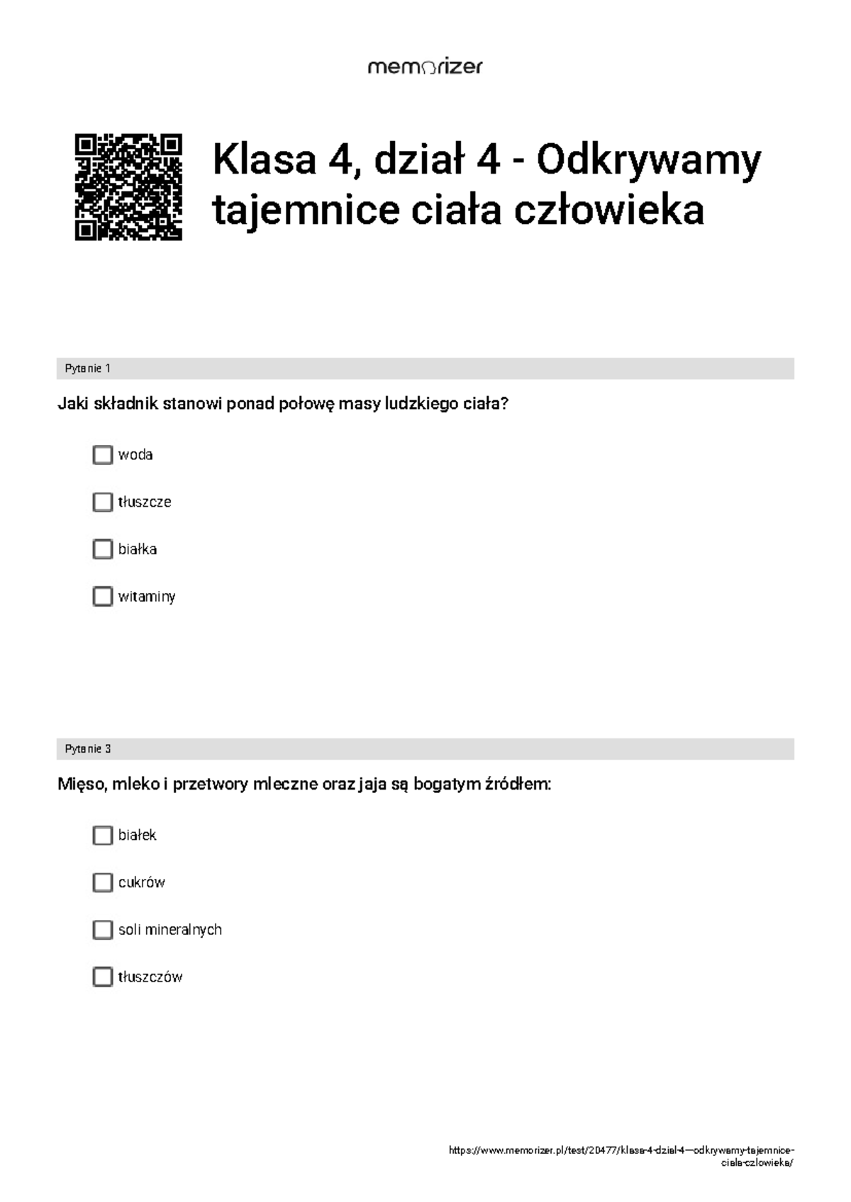 Klasa 4 - Odkrywamy Tajemnice Ciała Człowieka - Pytania i Odpowiedzi
