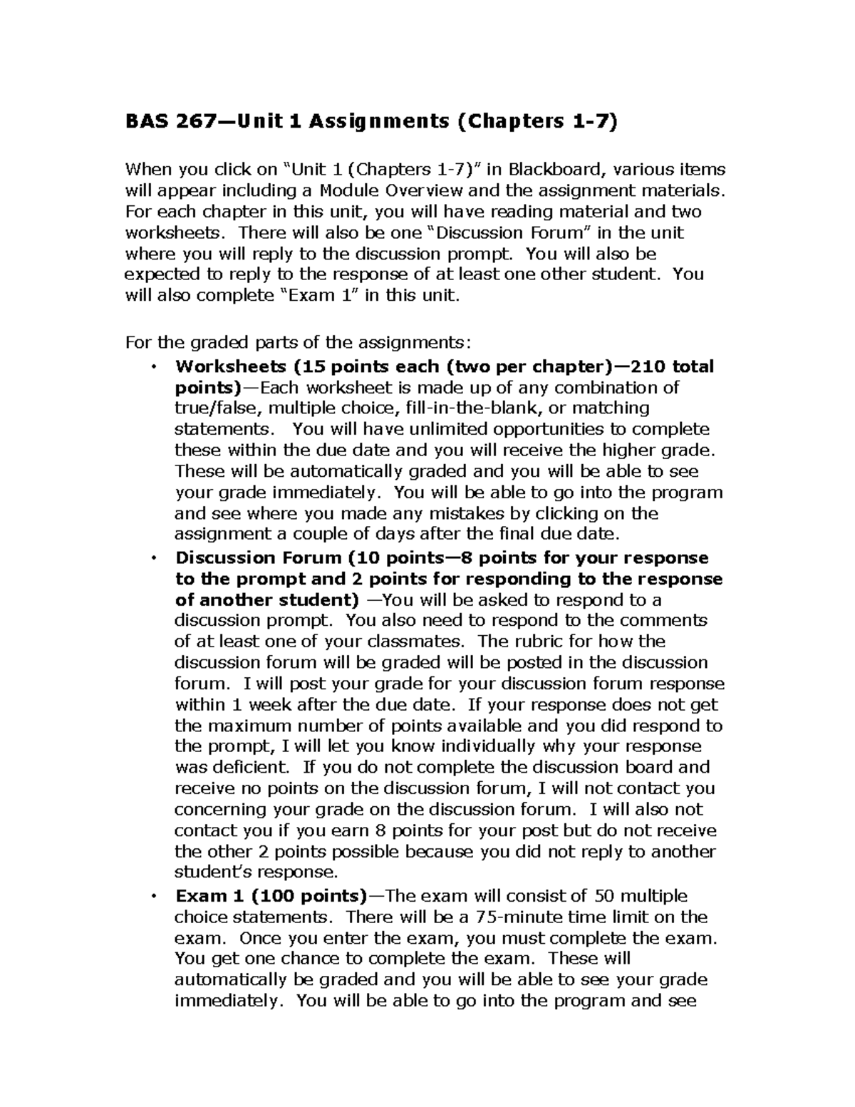 BAS 267 - Unit 1 Assignments Overview (Chapters 1-7) - Studocu