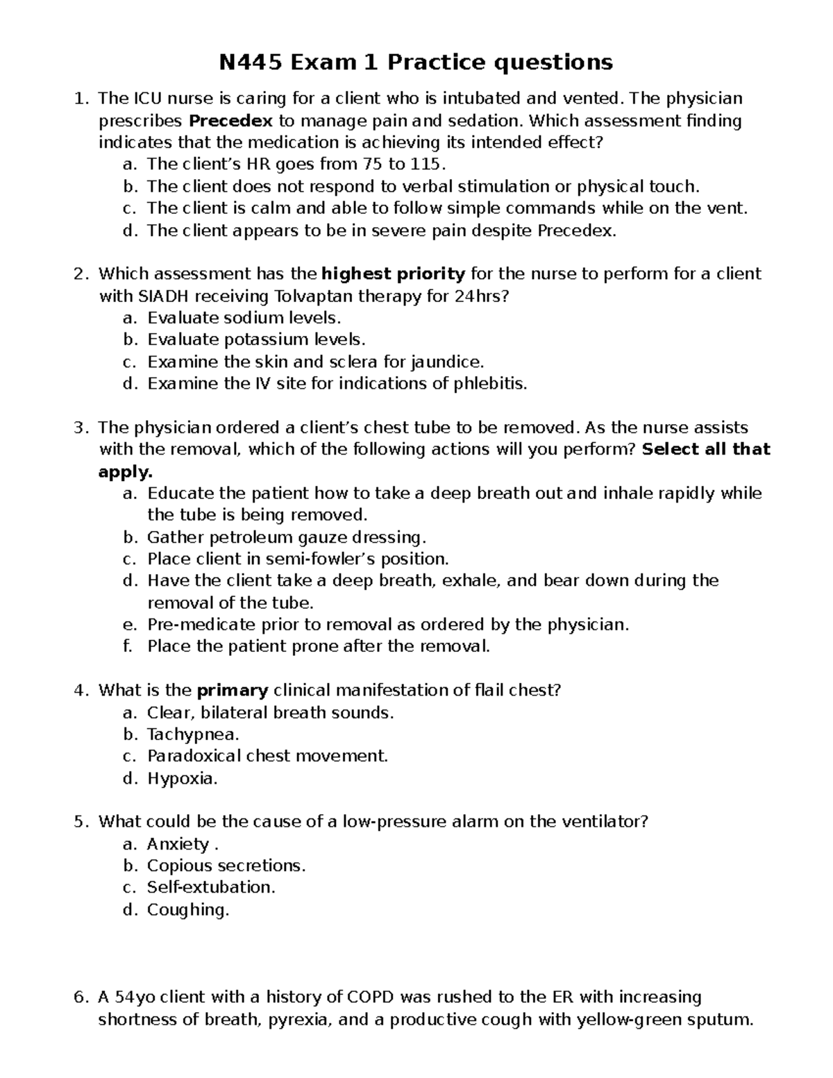 N445 Final Exam Practice Questions for ICU Nursing - Studocu