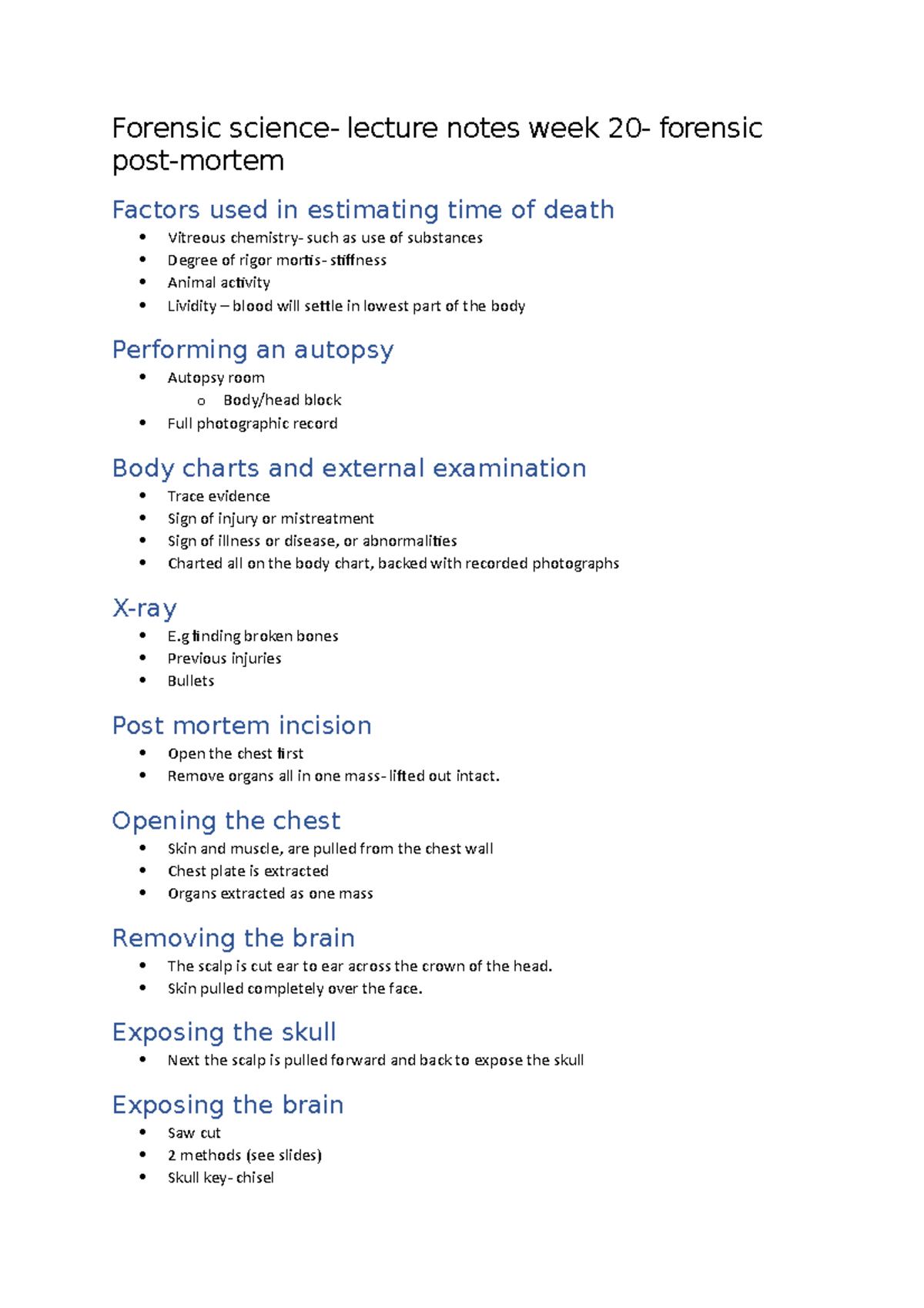 Intro to Forensic science-lecture notes- week 20 forensic post-mortem ...