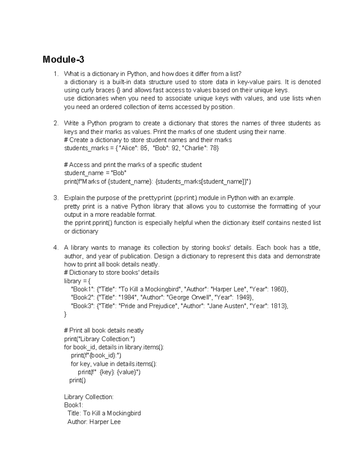 Python Question bank - Nothing - Module- What is a dictionary in Python ...