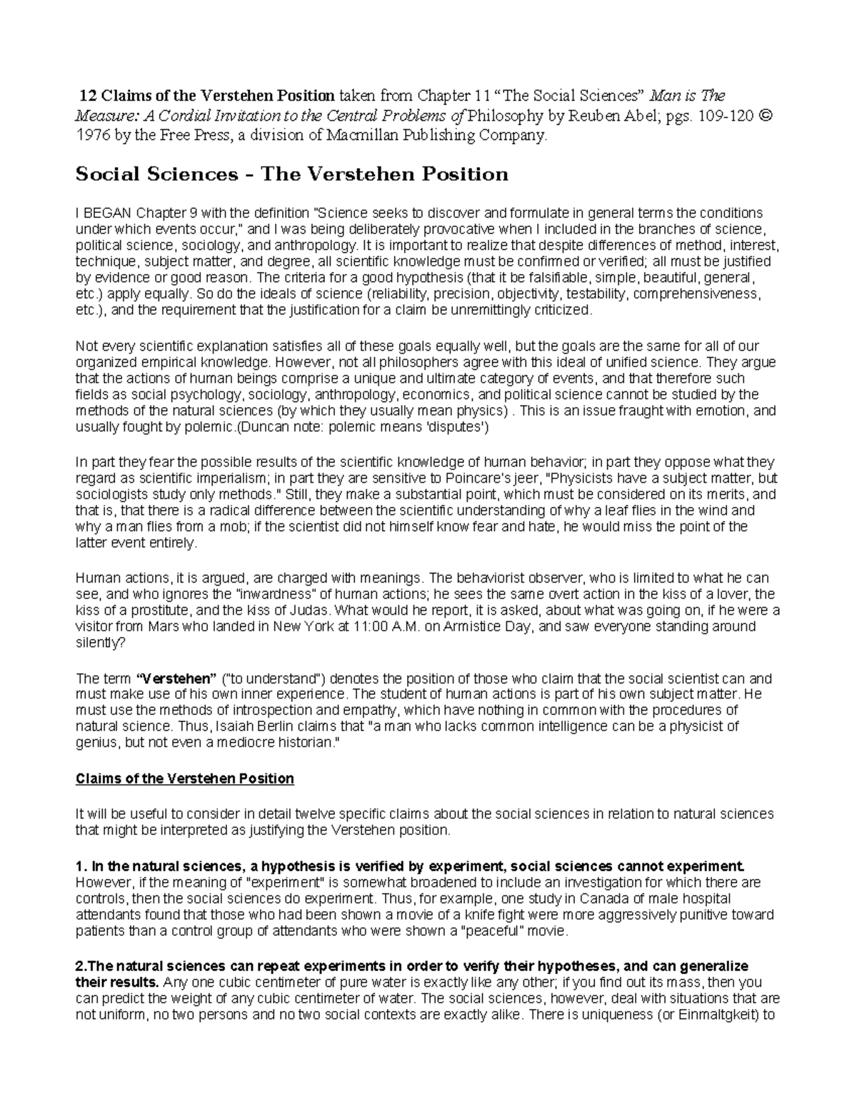 Twelve Claims of the Verstehen Position: Analysis in Social Sciences ...