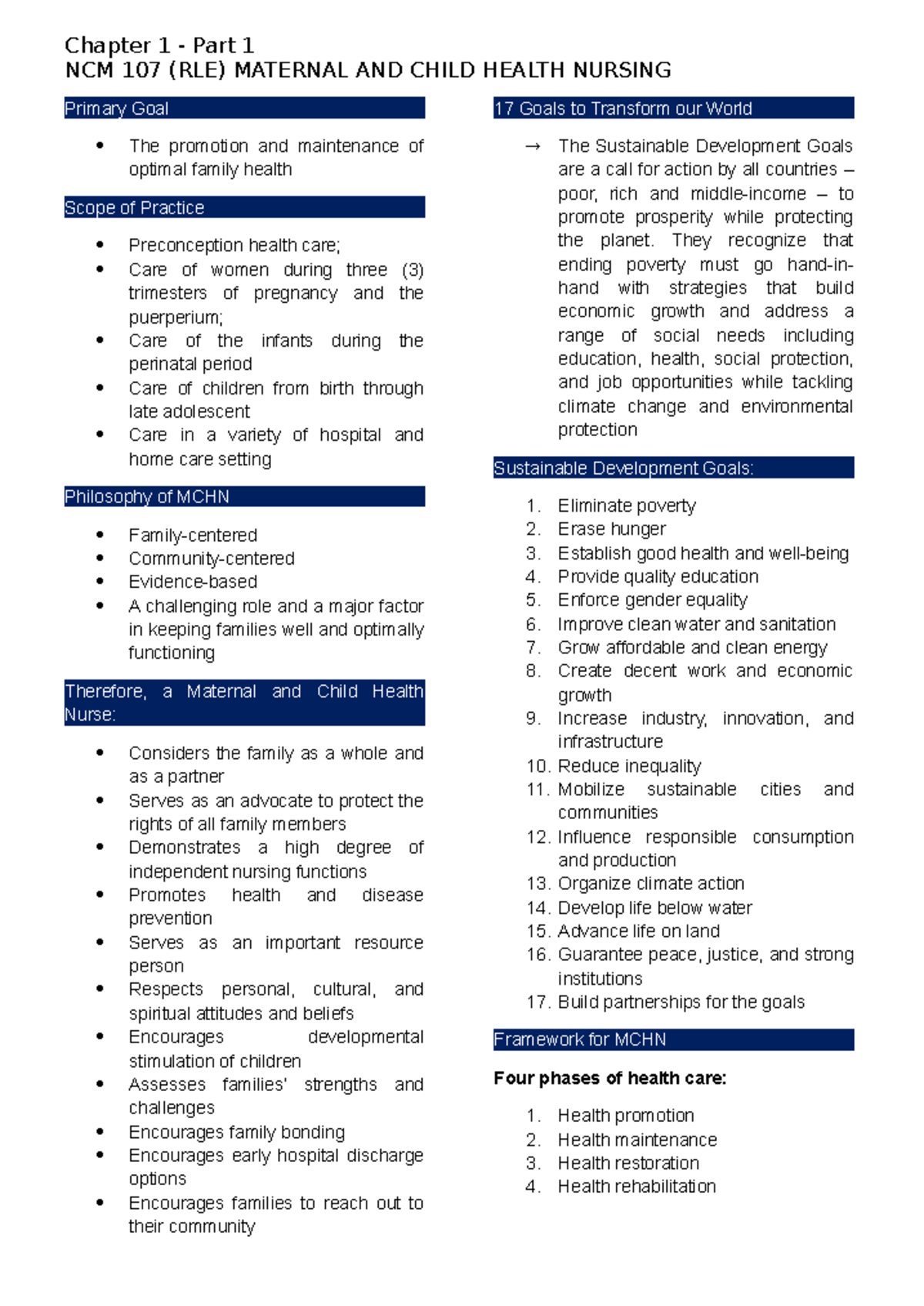 Part 1 - Notes for Maternal and Child Health Nursing - Chapter 1 - Part ...