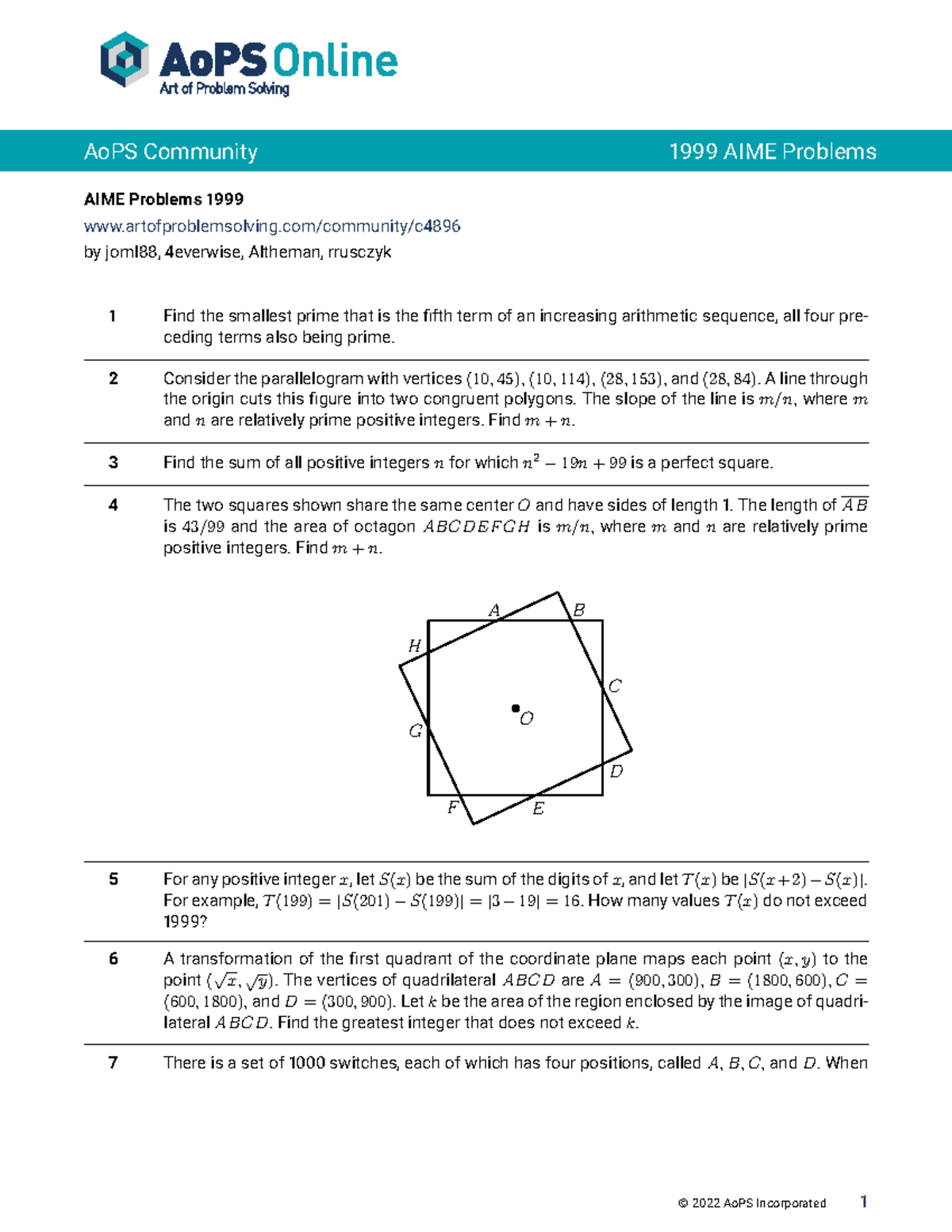 AIME Practice Test 1999 - AoPS Community Problem Set - Studocu