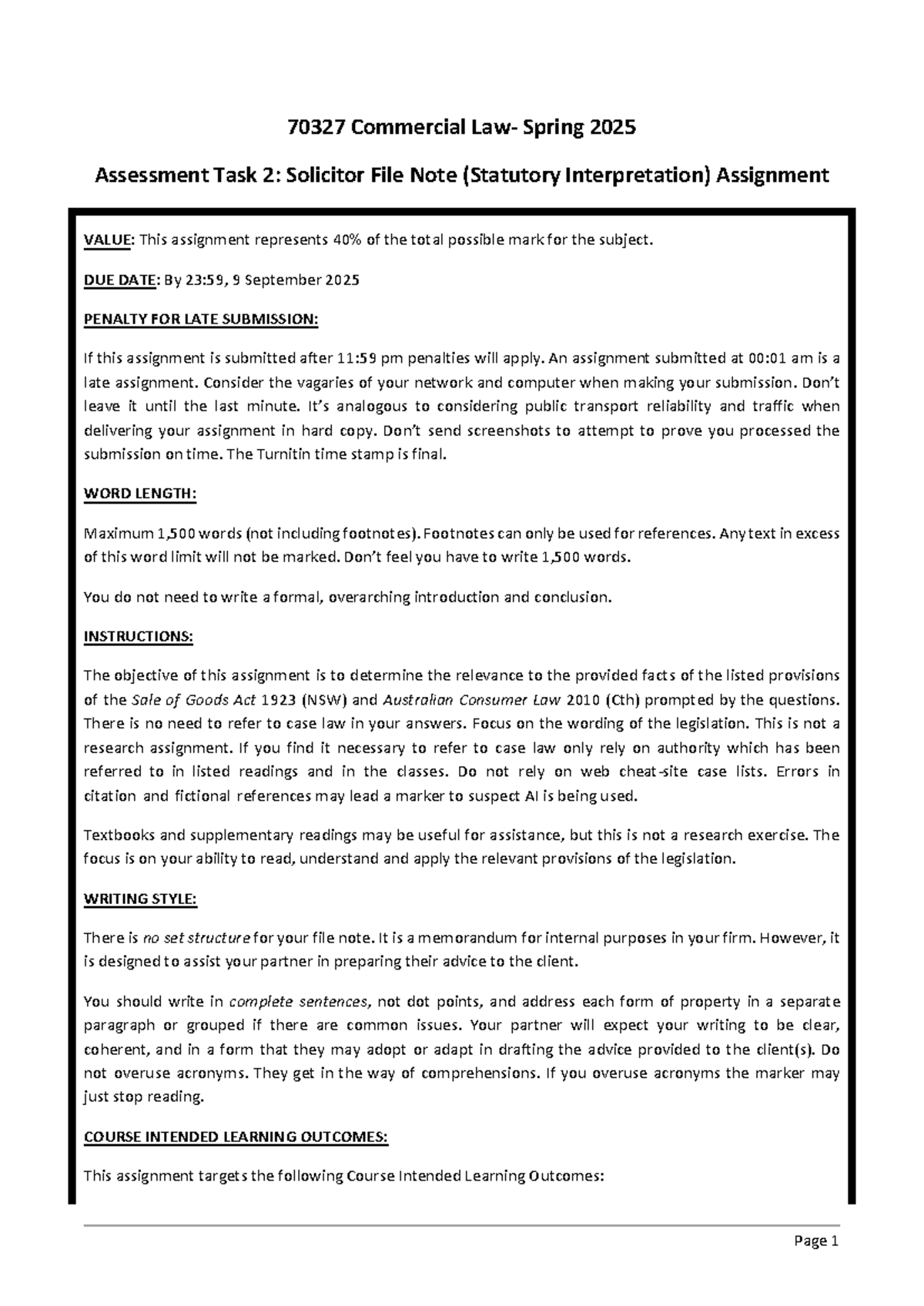 70327 SPR25 Solicitor File Note: Statutory Interpretation Assignment ...
