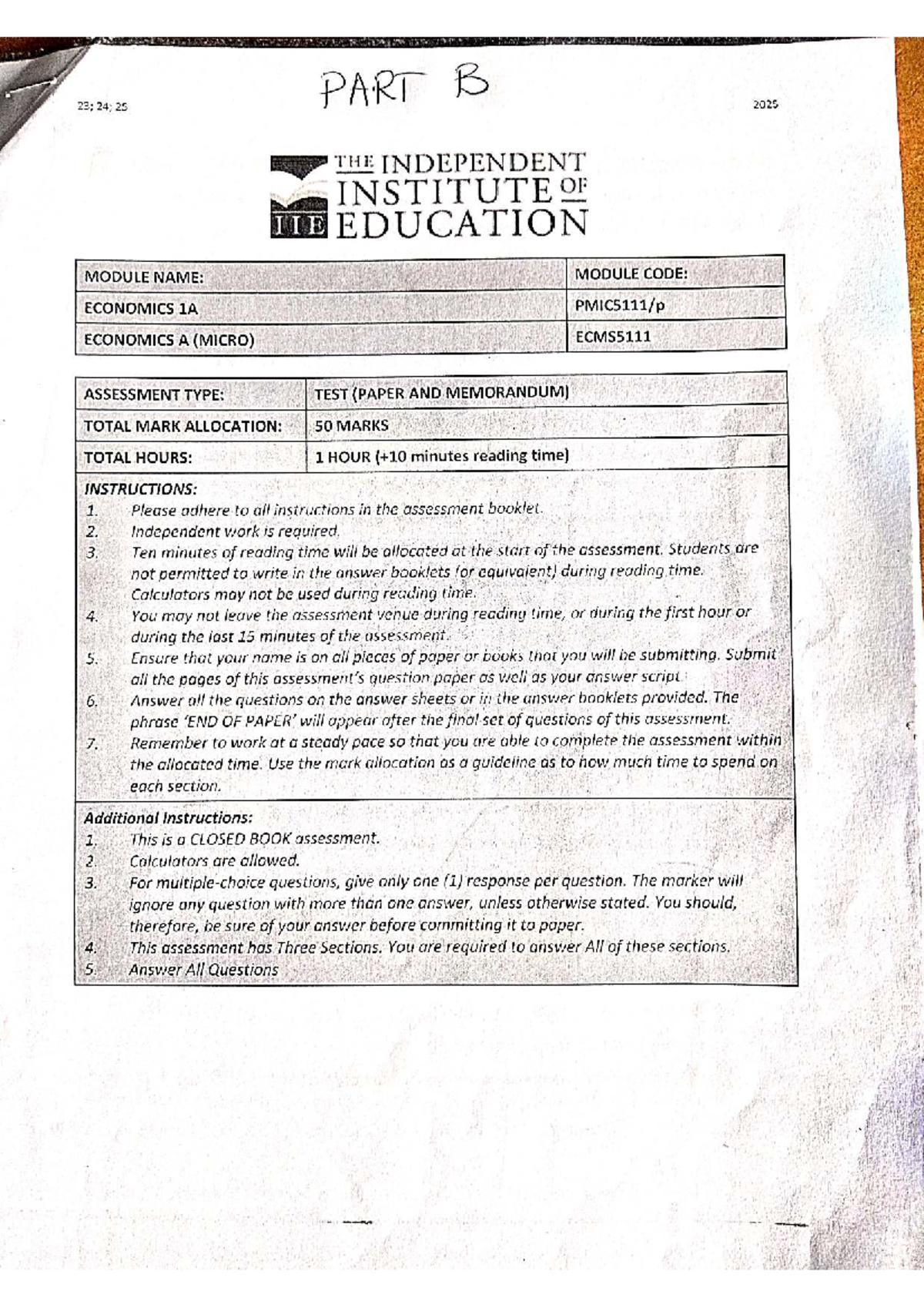 PMIC5111 Economics 1A Test Paper Memorandum - Part B - Studocu
