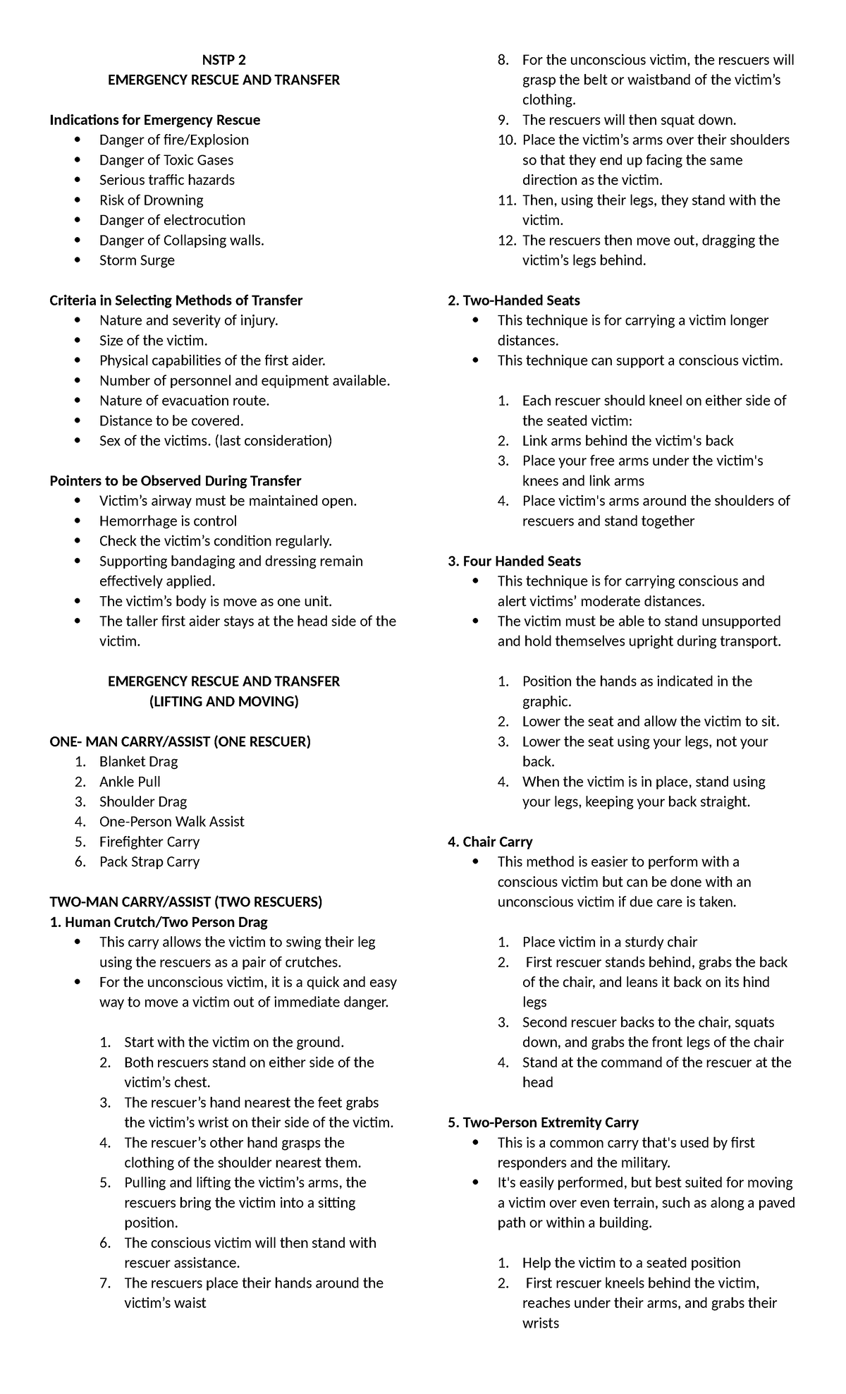 NSTP 2 - Emergency Rescue & Transfer Techniques Summary - Studocu