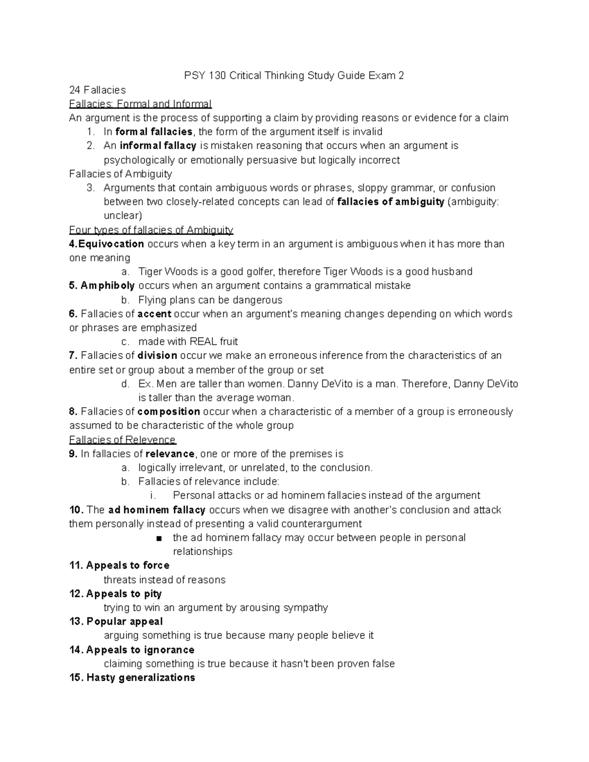 PSY 130 Critical Thinking Study Guide Exam 2 - Studocu