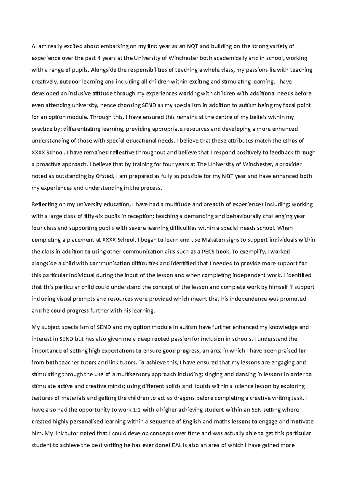 NQT Personal Statement: Insights from My Journey at Winchester - Studocu
