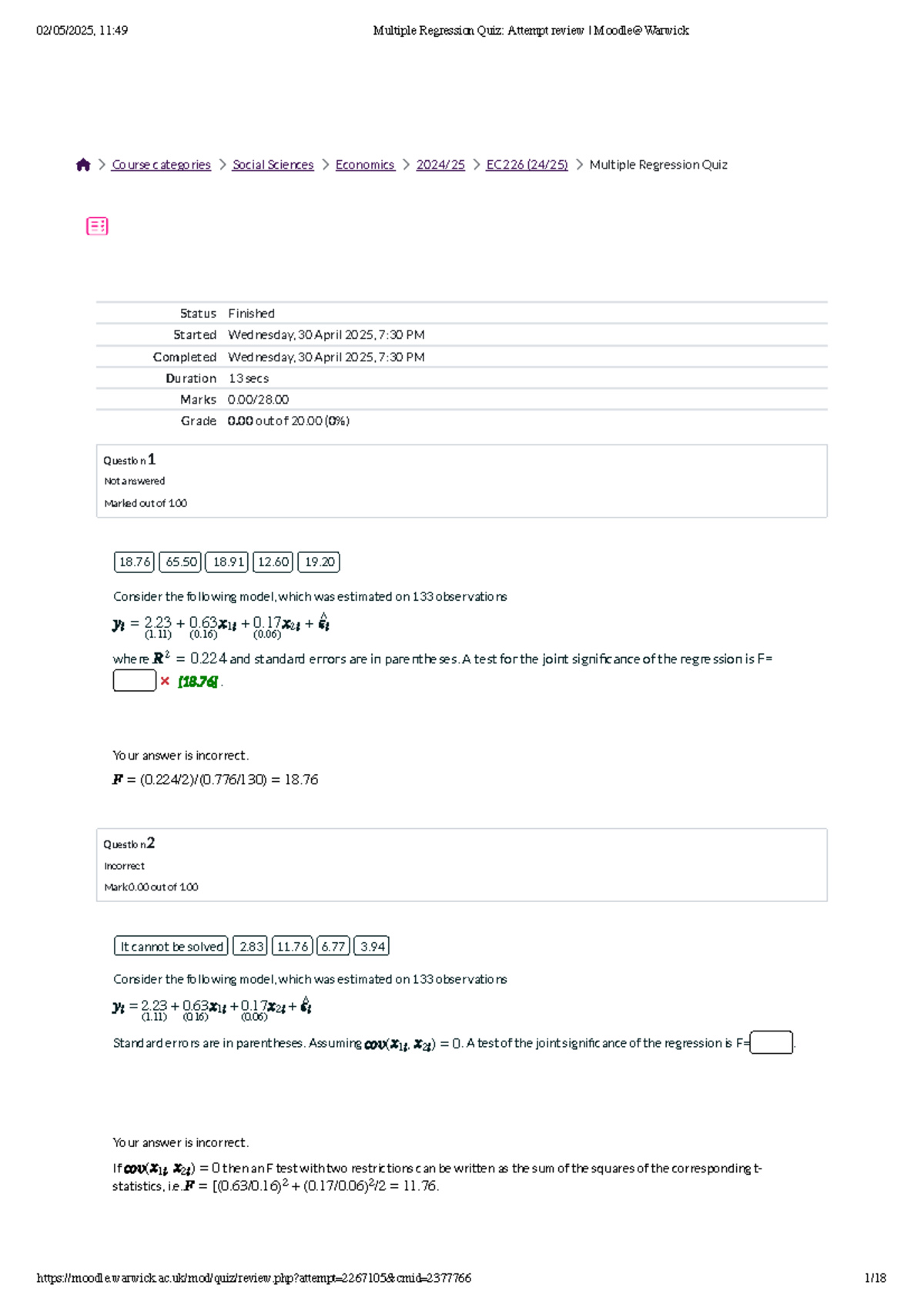 EC226 Multiple Regression Quiz: Attempt Review and Solutions - Studocu