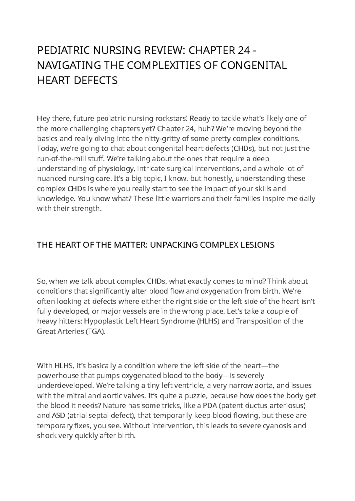 Pediatric Nursing Review Chapter 24 Complex Congenital Heart Defects