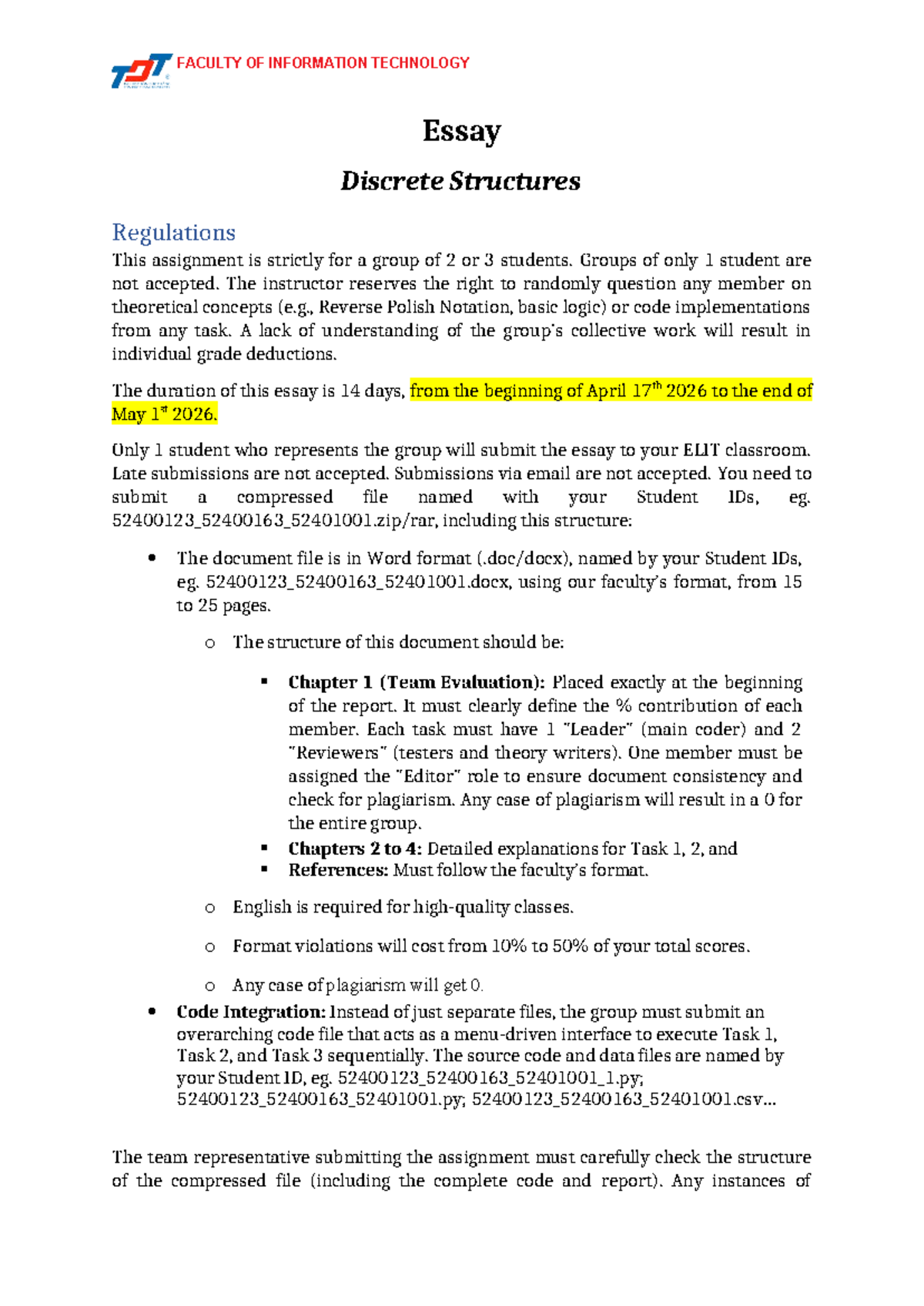 FIT Essay: Discrete Structures Regulations for Group Assignment - Studocu