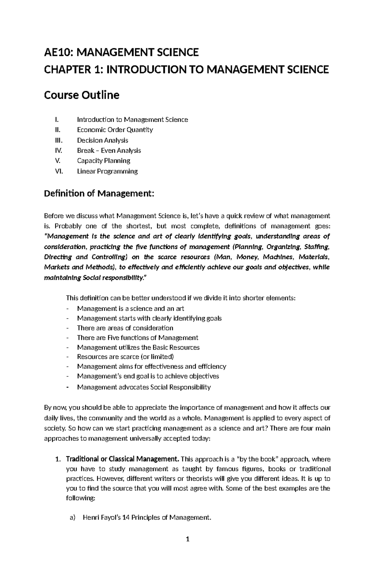 AE10: MANAGEMENT SCIENCE CHAPTER 1 - INTRODUCTION TO MANAGEMENT SCIENCE ...