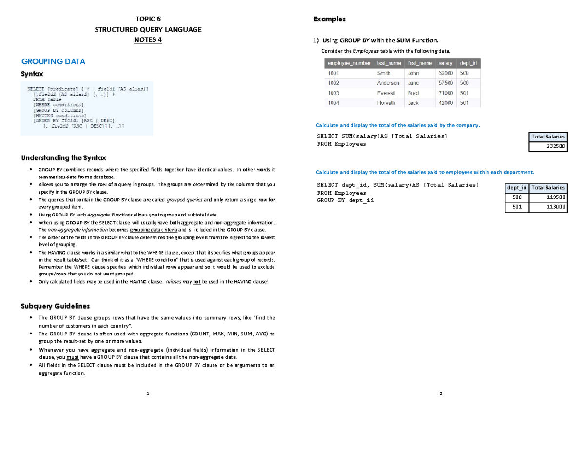 SQL Notes 3: GROUP Clause with Aggregate Functions Explained - Studocu