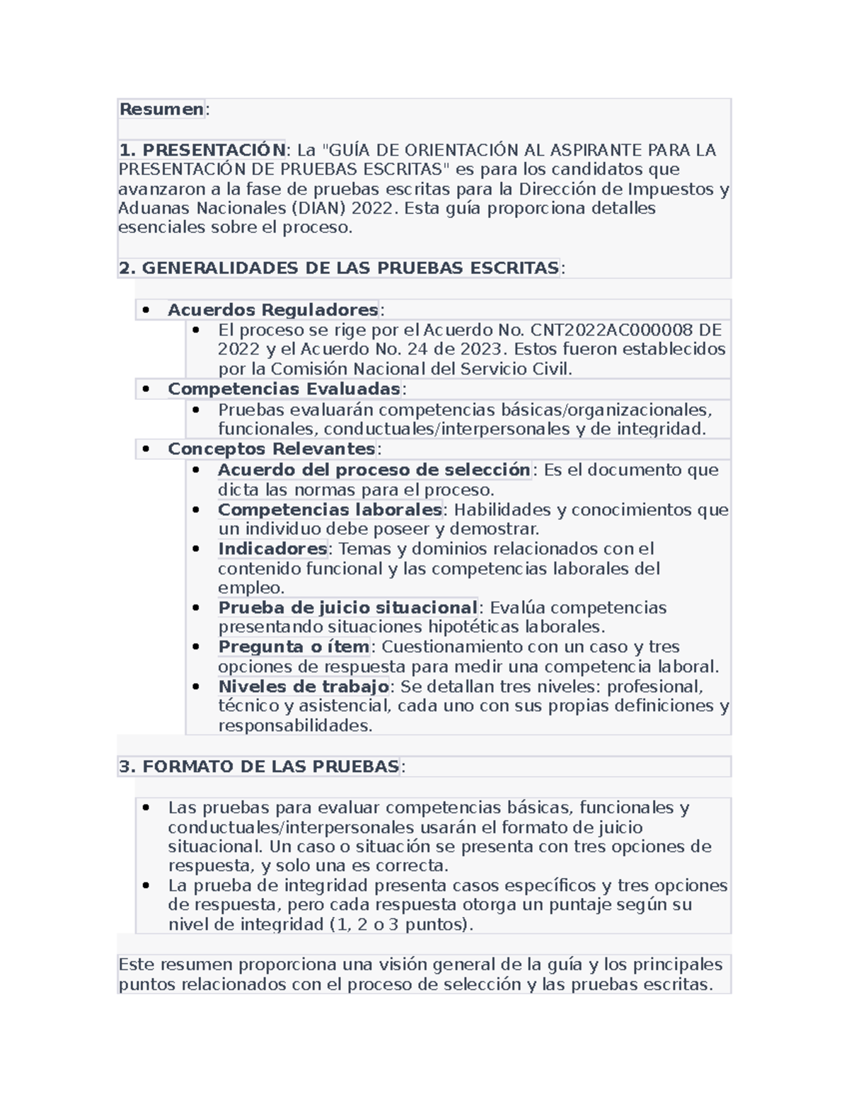 Resumen - Guía para Pruebas Escritas DIAN 2022 - Studocu