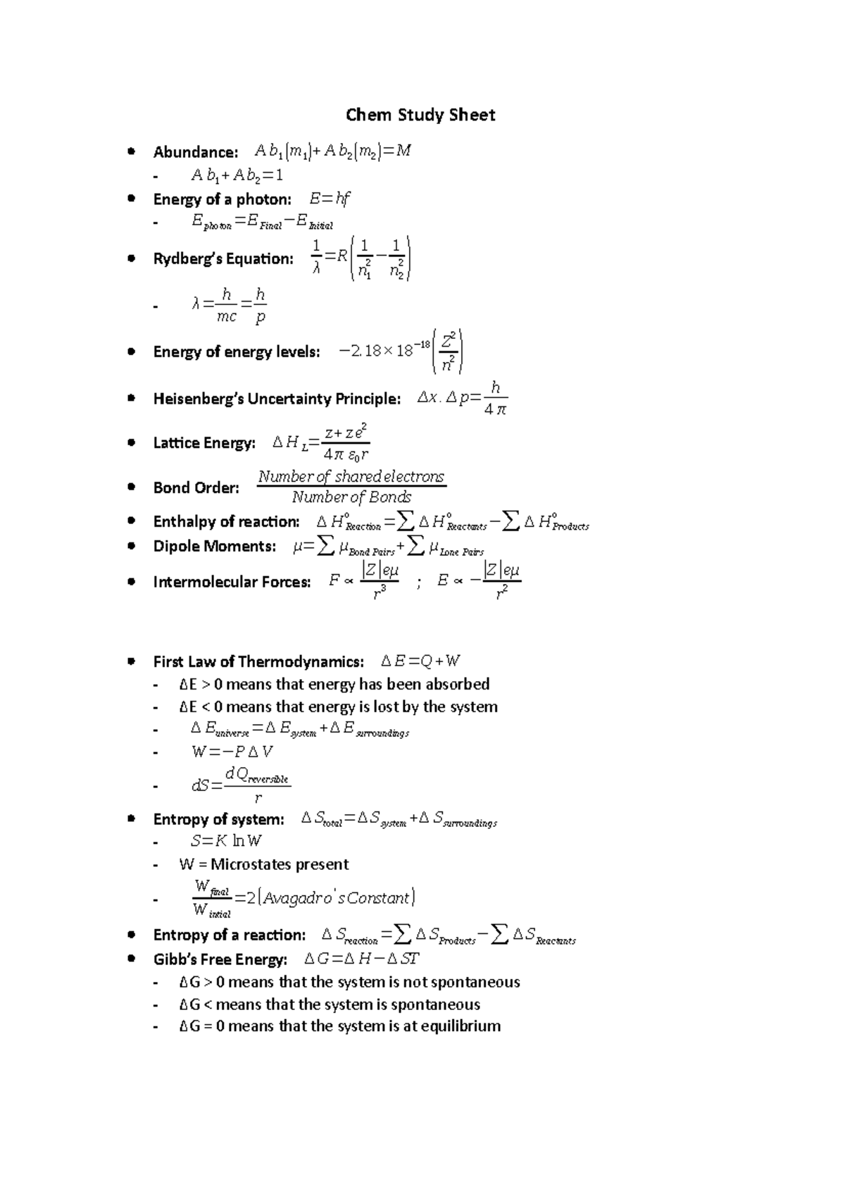 Chem 101 Study Sheet - Key Concepts and Formulas - Studocu