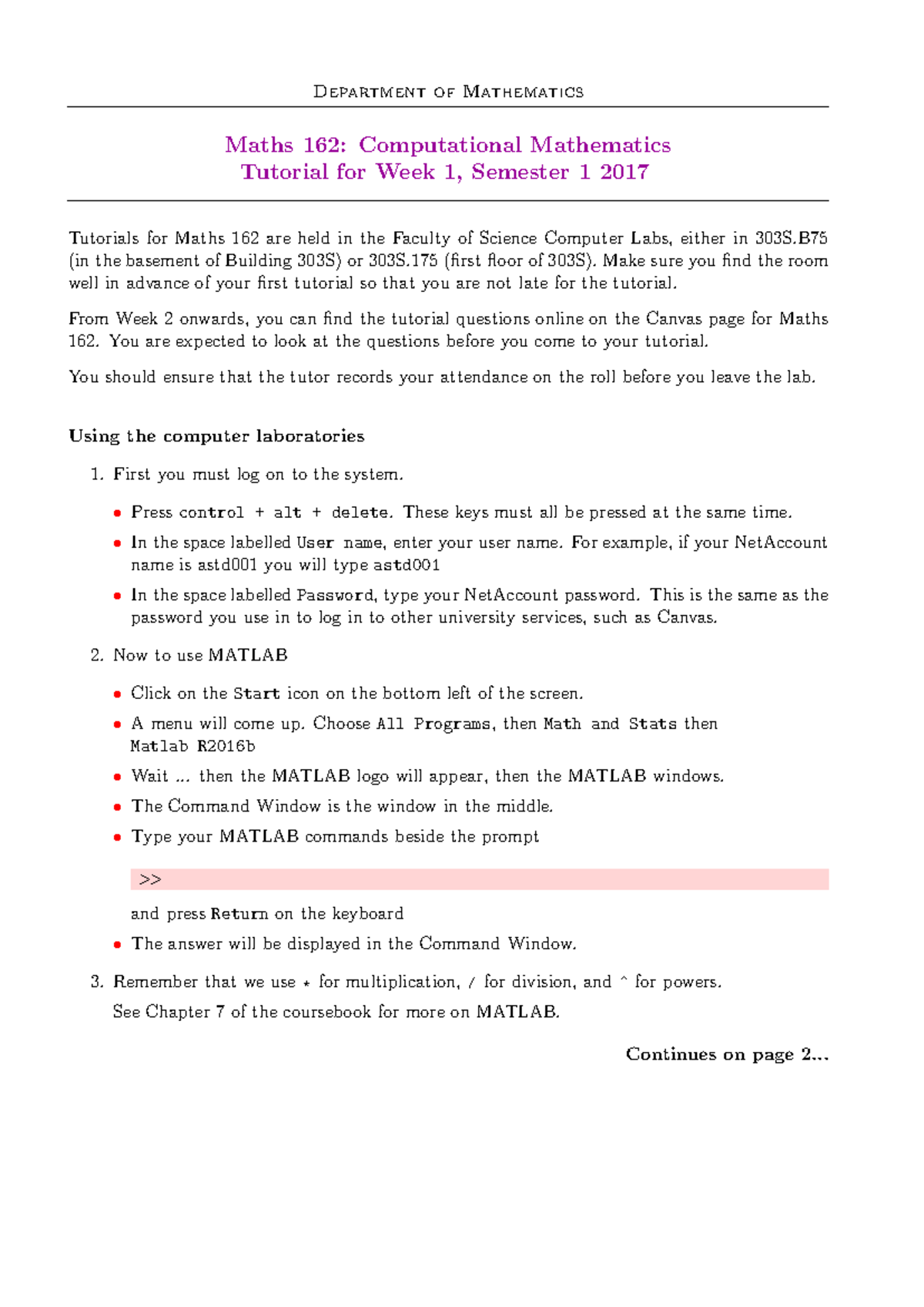 Maths 162: Week 1 Tutorial Lecture Notes & MATLAB Guide - Studocu