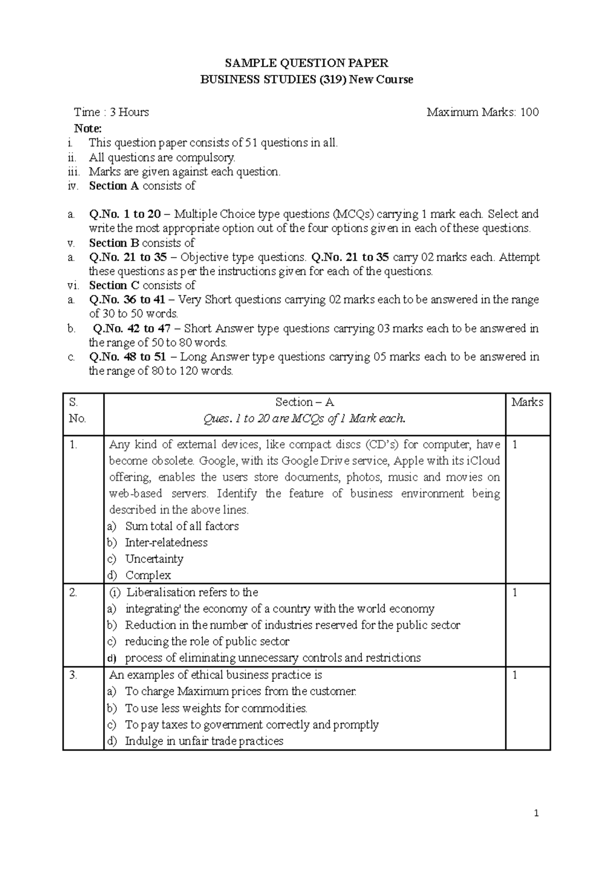 Business Studies Sample Question Paper (319) - 3 Hours - Studocu