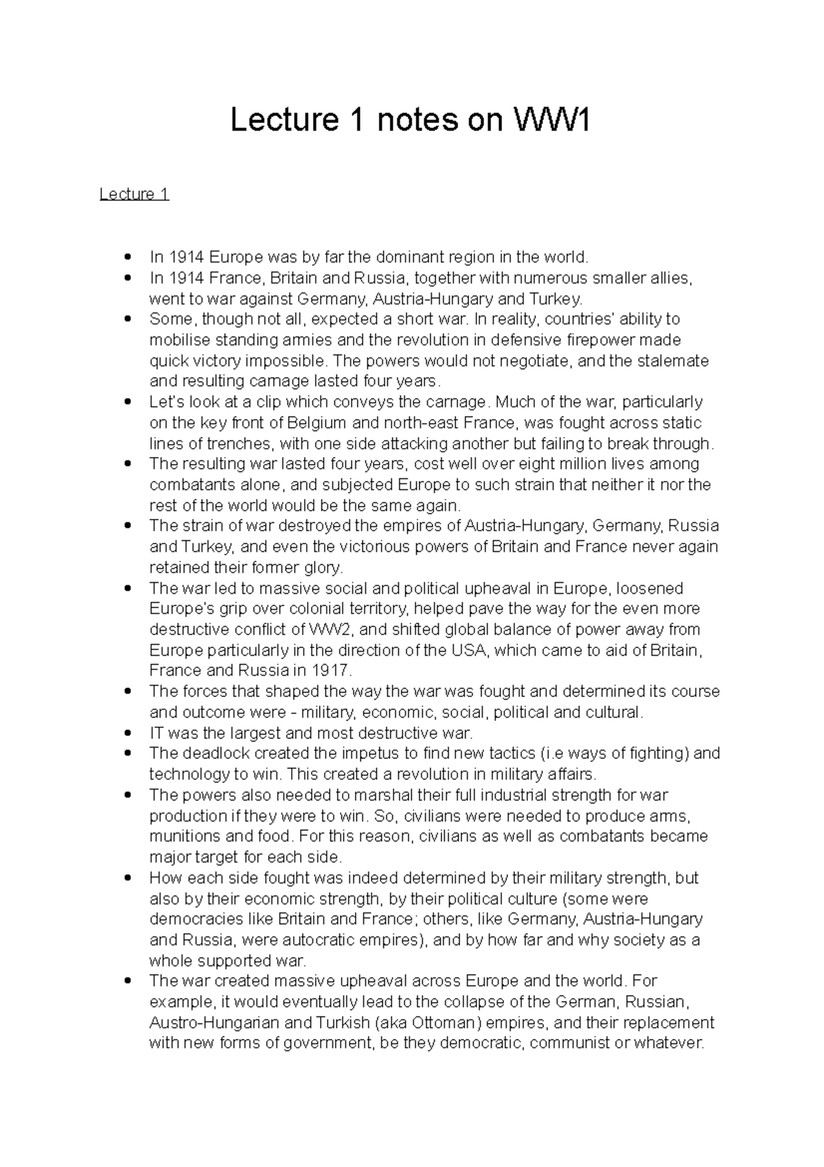 WW1: Lecture 1 Notes on Causes, Warfare, and Transformations - Studocu