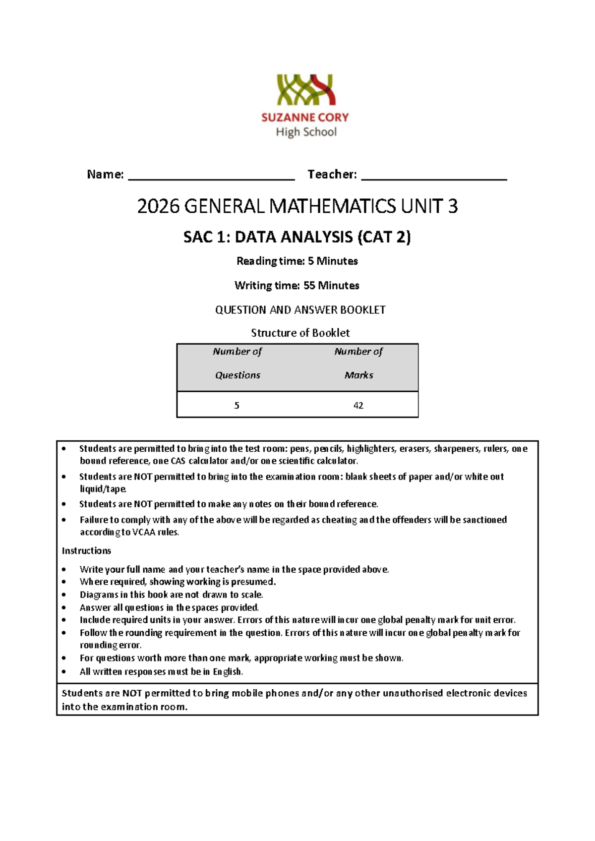 12GMS 2026 General Mathematics Unit 3 SAC 1: Data Analysis Guide - Studocu