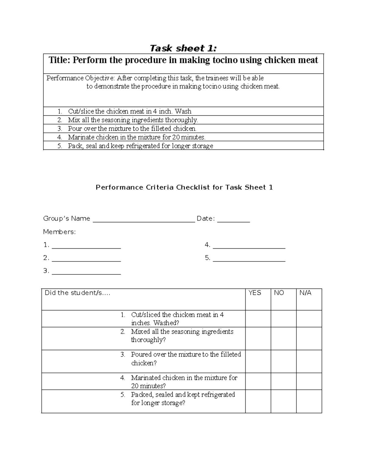 Performance Tasks in Food Preparation: FP - BJABSXUAXI - Studocu