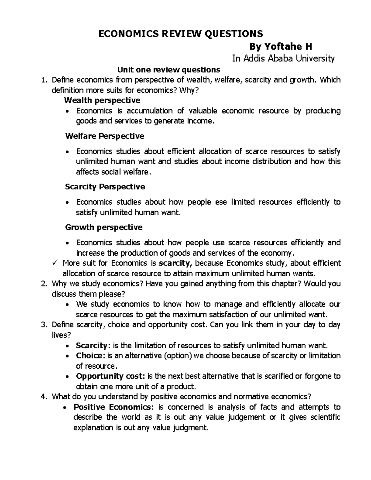 ECON 101: Unit One & Two Review Questions and Answers - Studocu