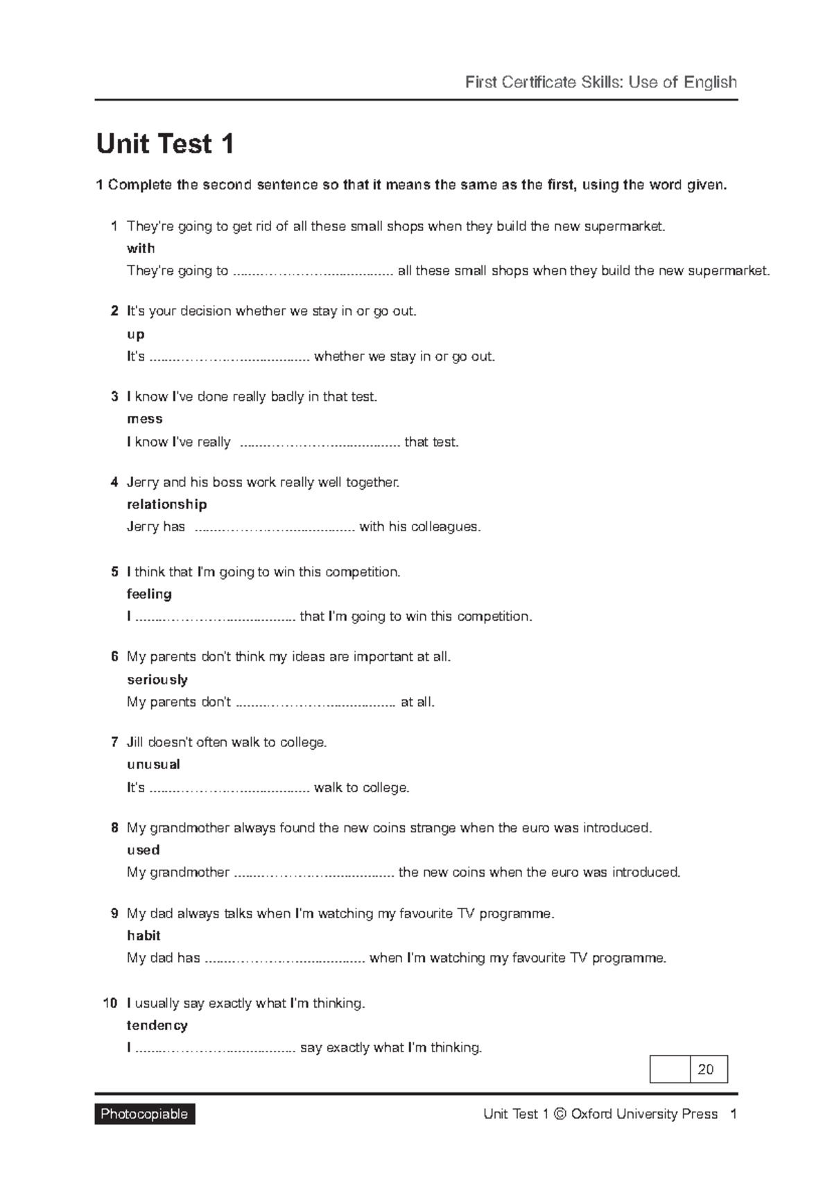 First Certificate Skills: Use of English Unit Test 1 - Studocu