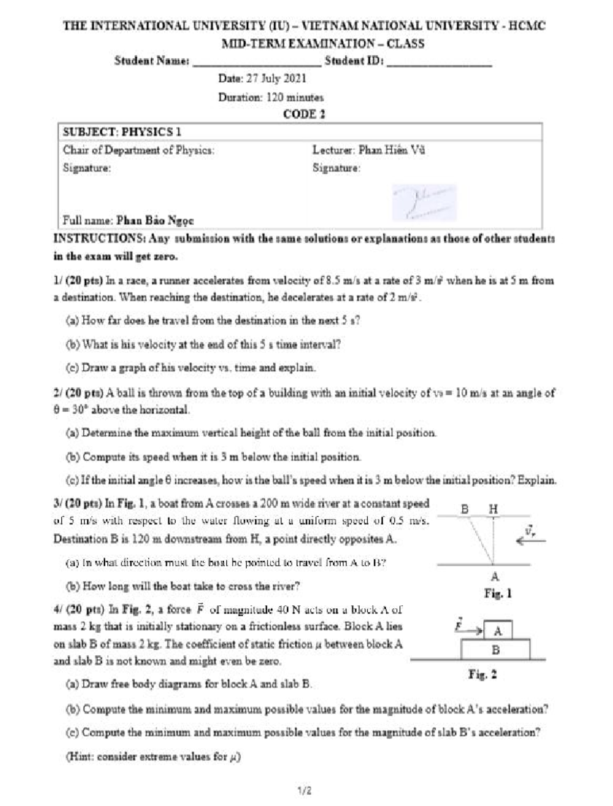 PH013IU 2021 HK1 Midterm Exam: Physics 1 Solutions and Analysis - Studocu