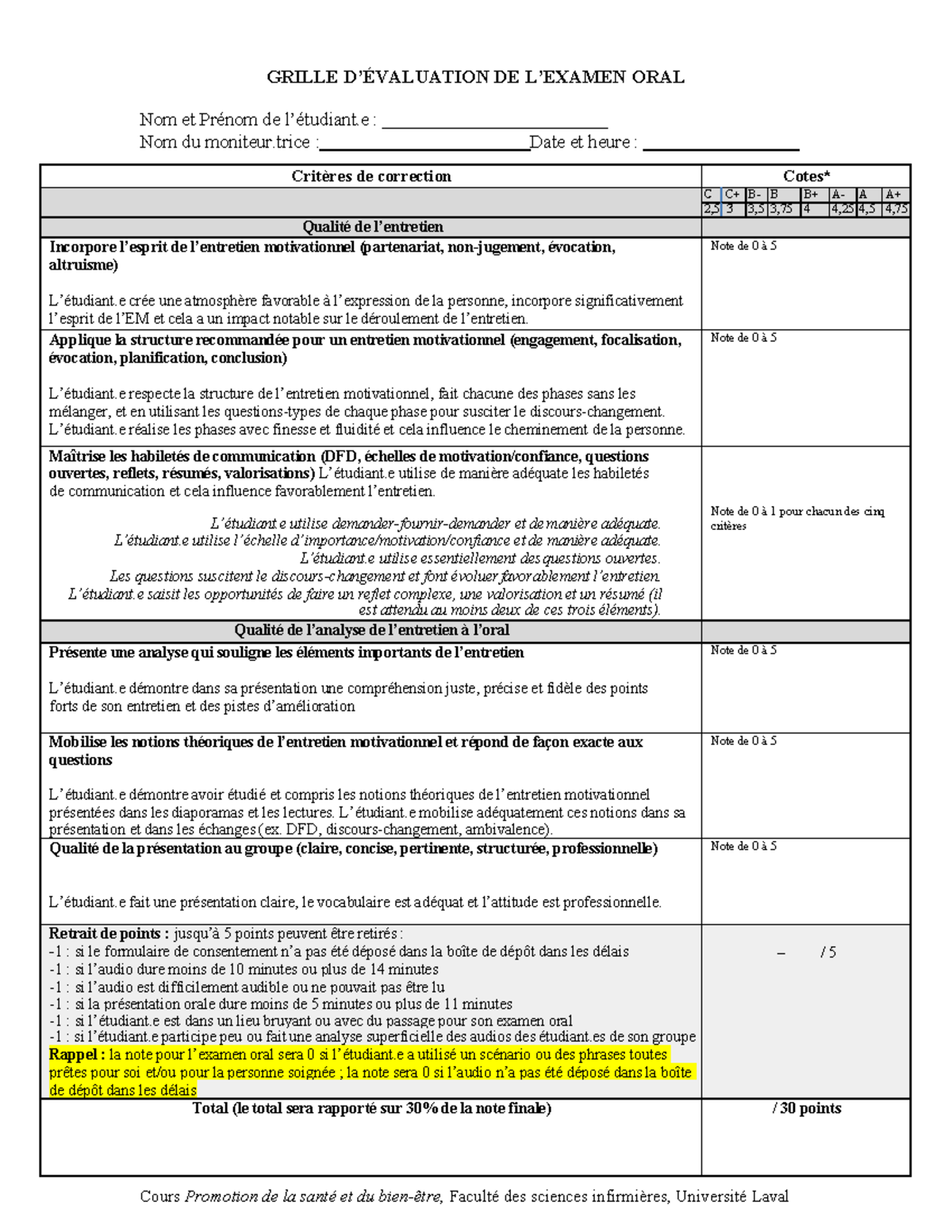 Grille d'évaluation pour l'examen oral - Cours PSB-101 - Studocu