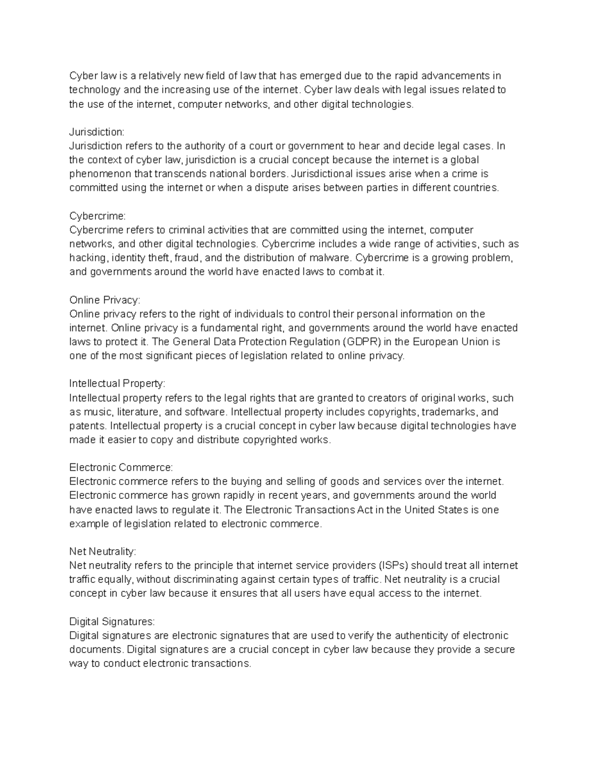 Cyber Law Key Concepts & Principles: Notes for CL300 Course - Studocu