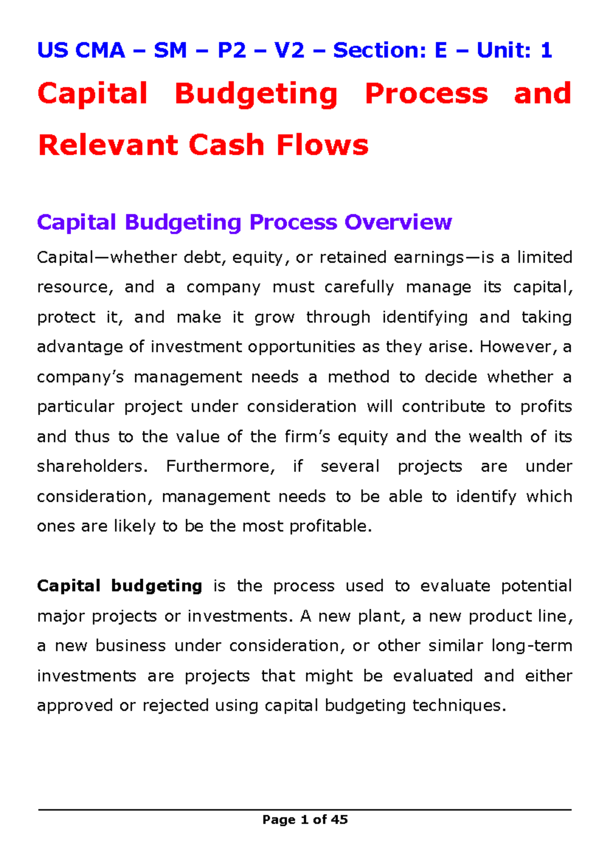 US CMA SM P2 V2 Section E Unit 1 Capital Budgeting Overview - Studocu