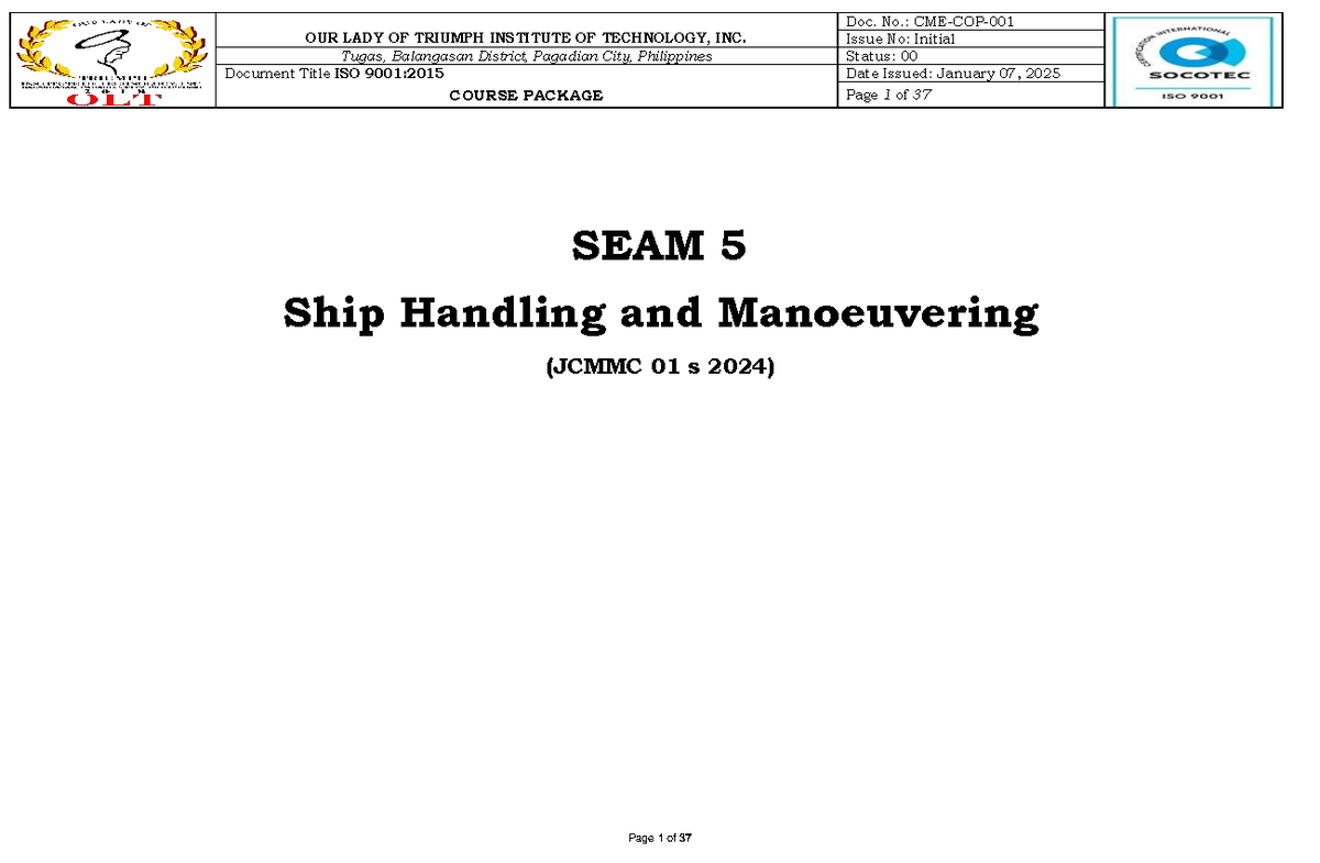 Course Package SEAM 5 - Ship Handling and Maneuvering (JCMMC 01 s 2024 ...