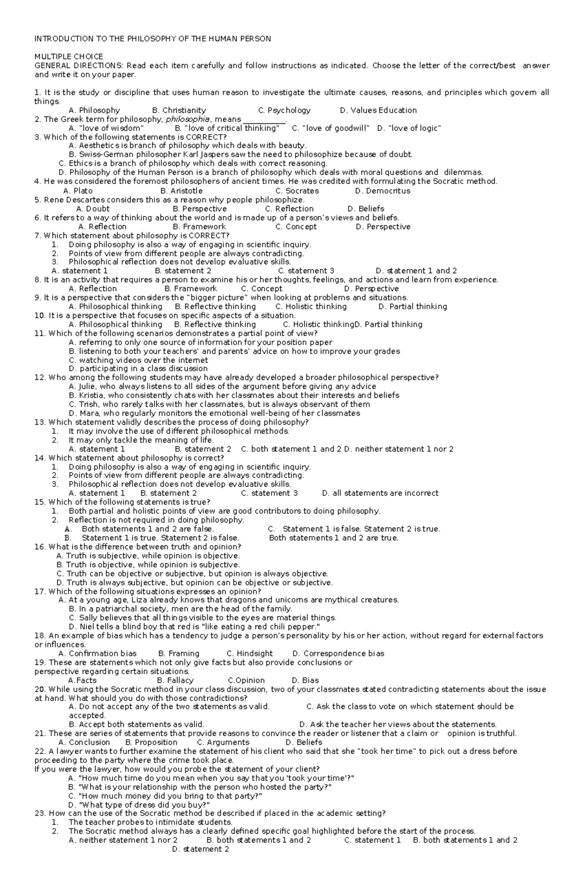 Pretest - PHIL 101: Introduction to the Philosophy of the Human Person ...