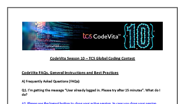 TCS CodeVita Season 10: FAQs, Instructions & Best Practices - Studocu