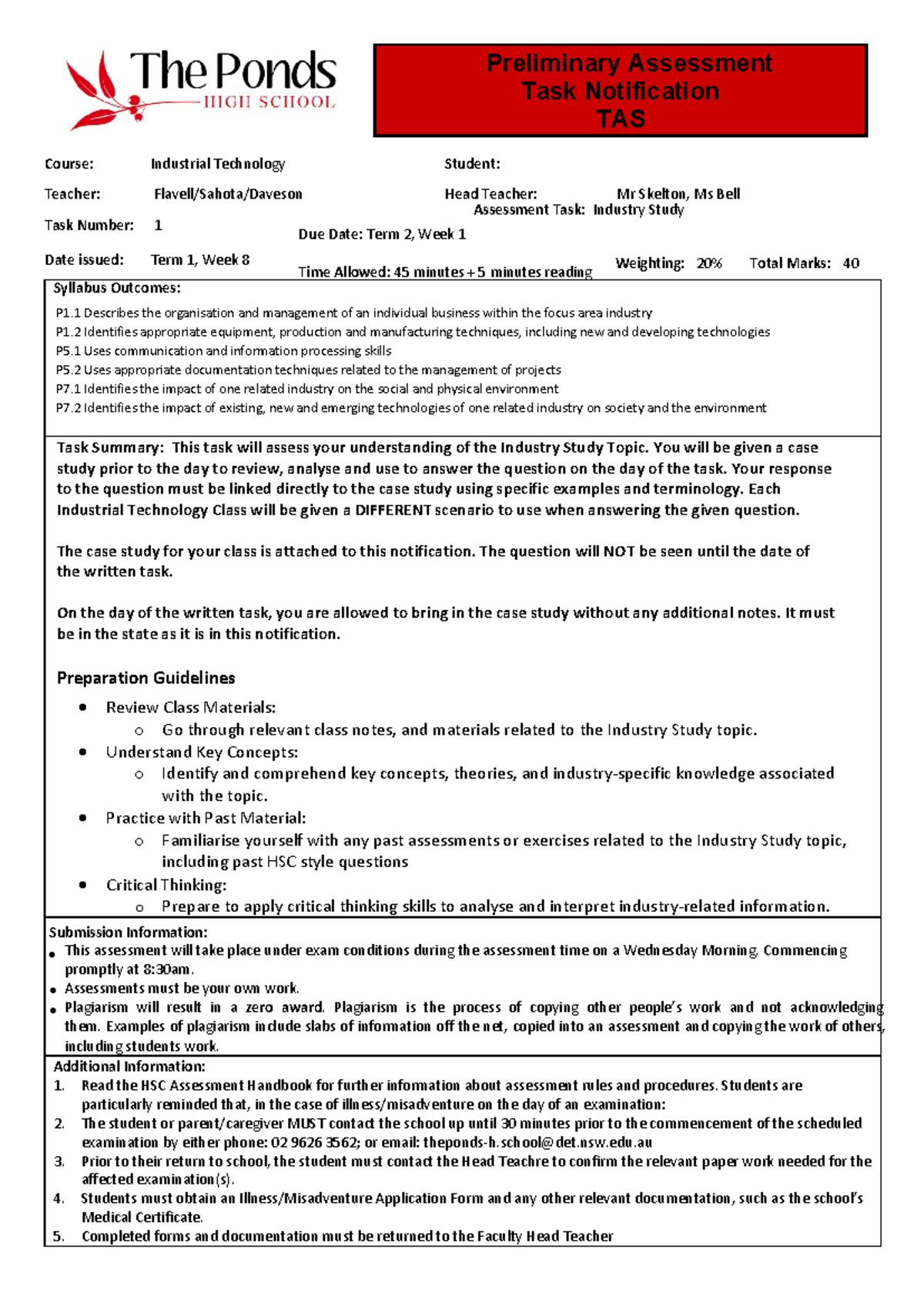 Industrial Technology TAS: Prelim Assessment Task 1 Notification - Studocu