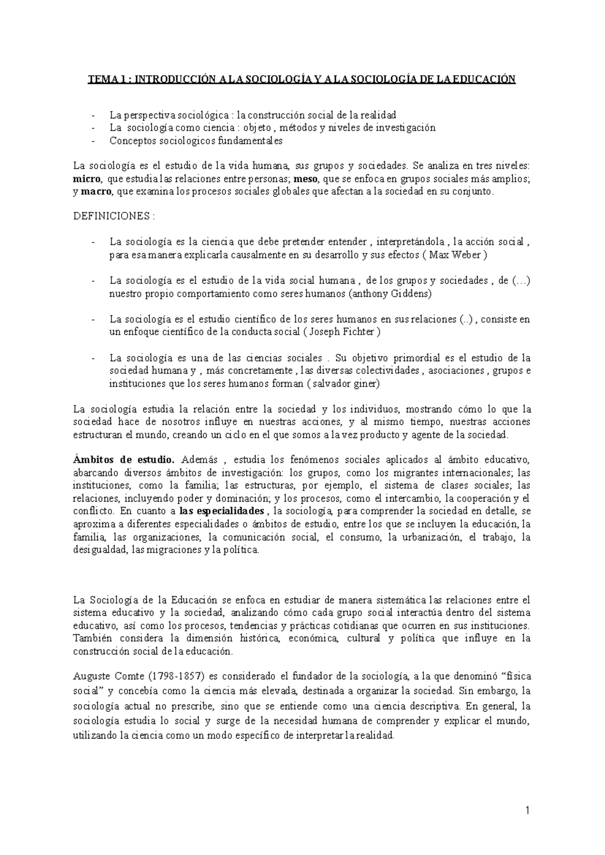 Apuntes de Sociología: TEMA 1 - Introducción a la Sociología y ...