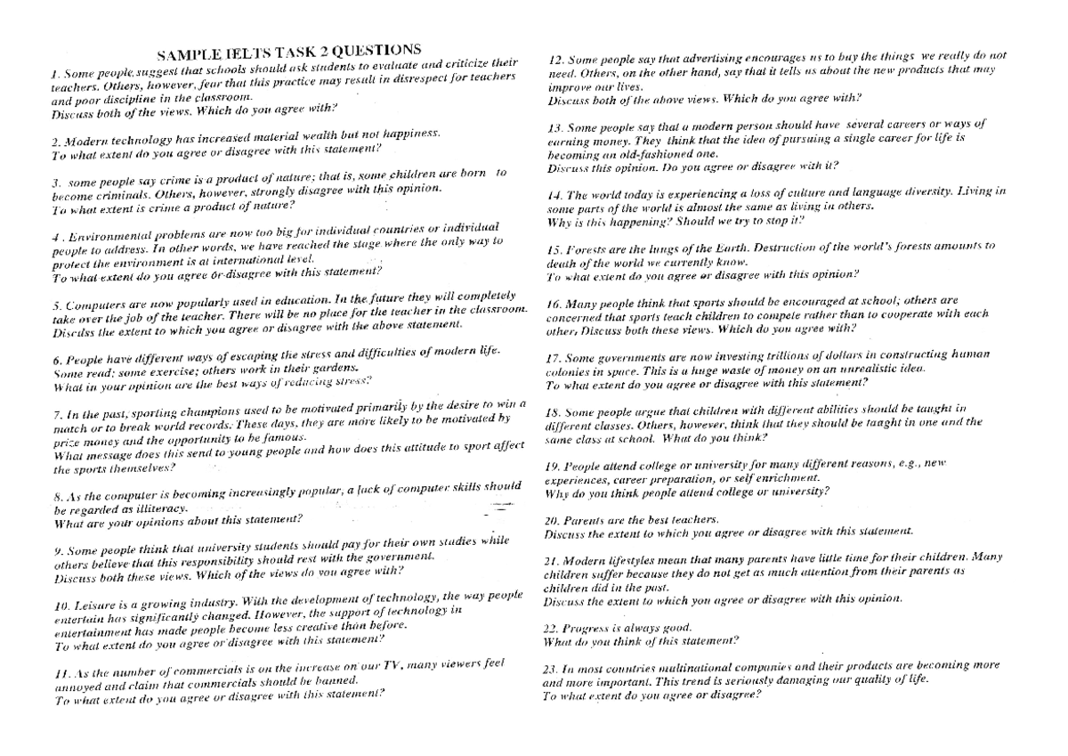 0. 36 essay topics - topic - SAMPLE IELTS TASK 2 QUESTIONS 1. Some ...