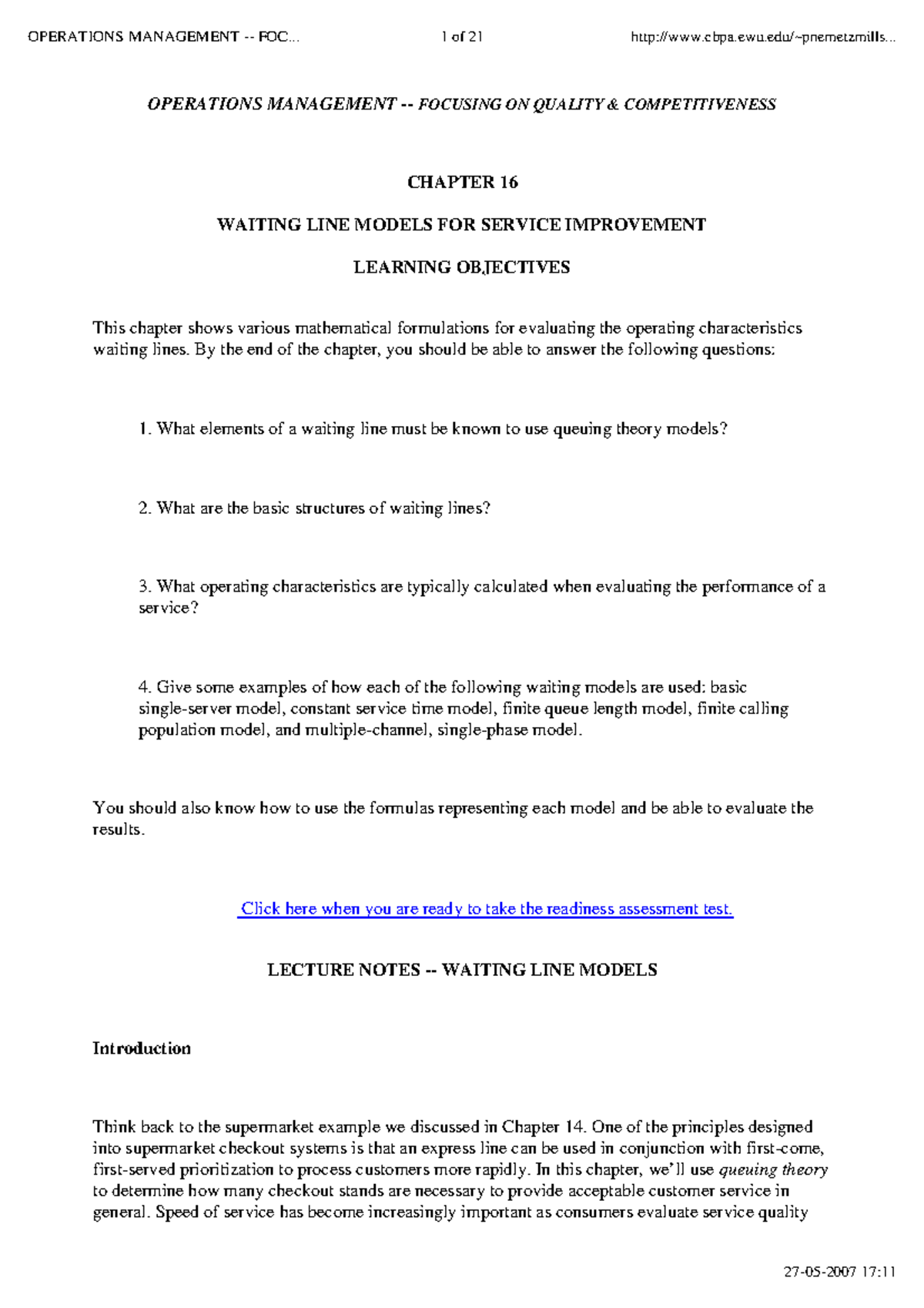 Operations Management (Course Code: OM101) - Waiting Line Models and ...