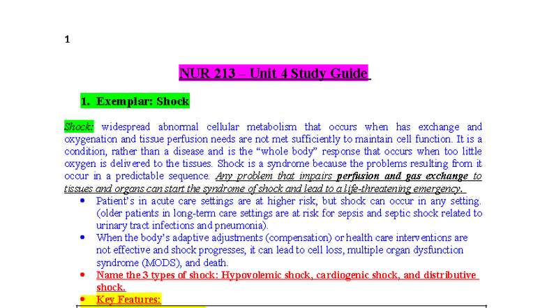 NUR 213 Exam 4 Study Notes: Understanding Shock and Its Types - Studocu