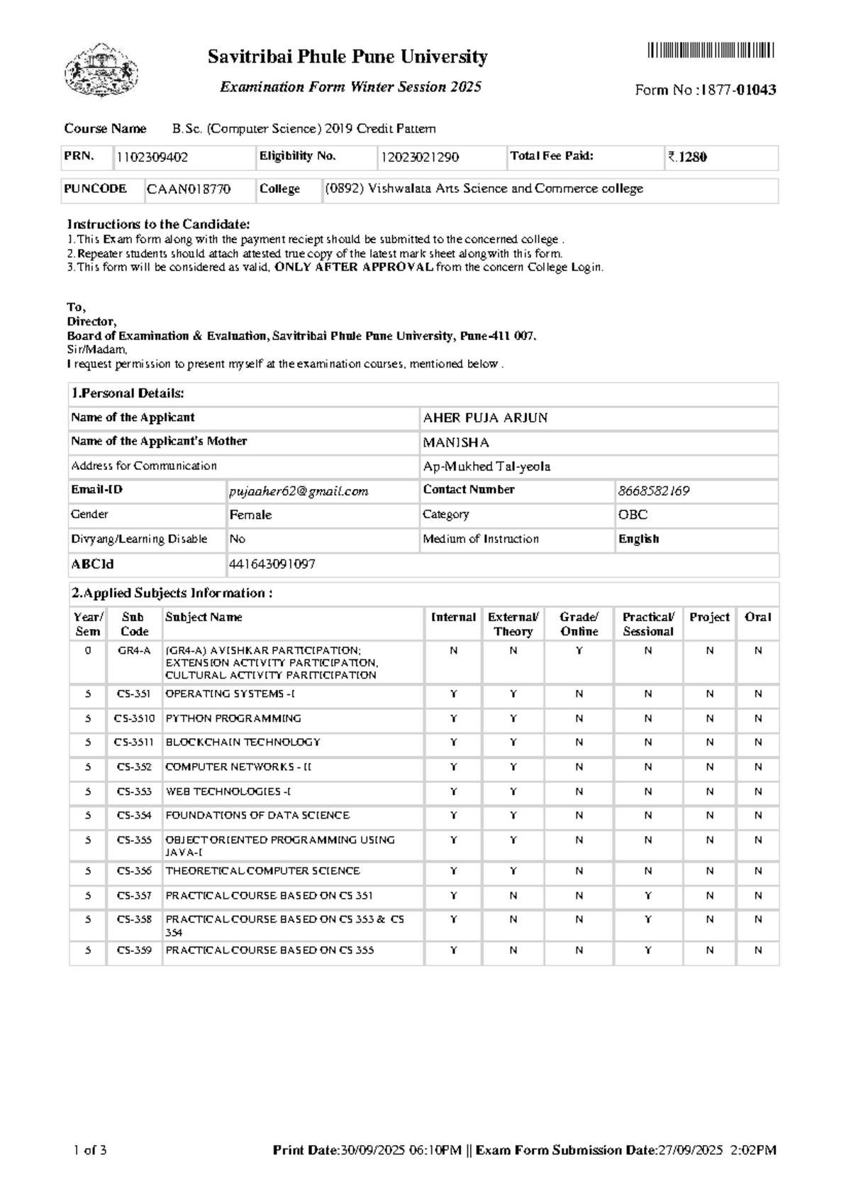 SPPU B.Sc. (CS) Winter 2025 Exam Form Submission Instructions - Studocu
