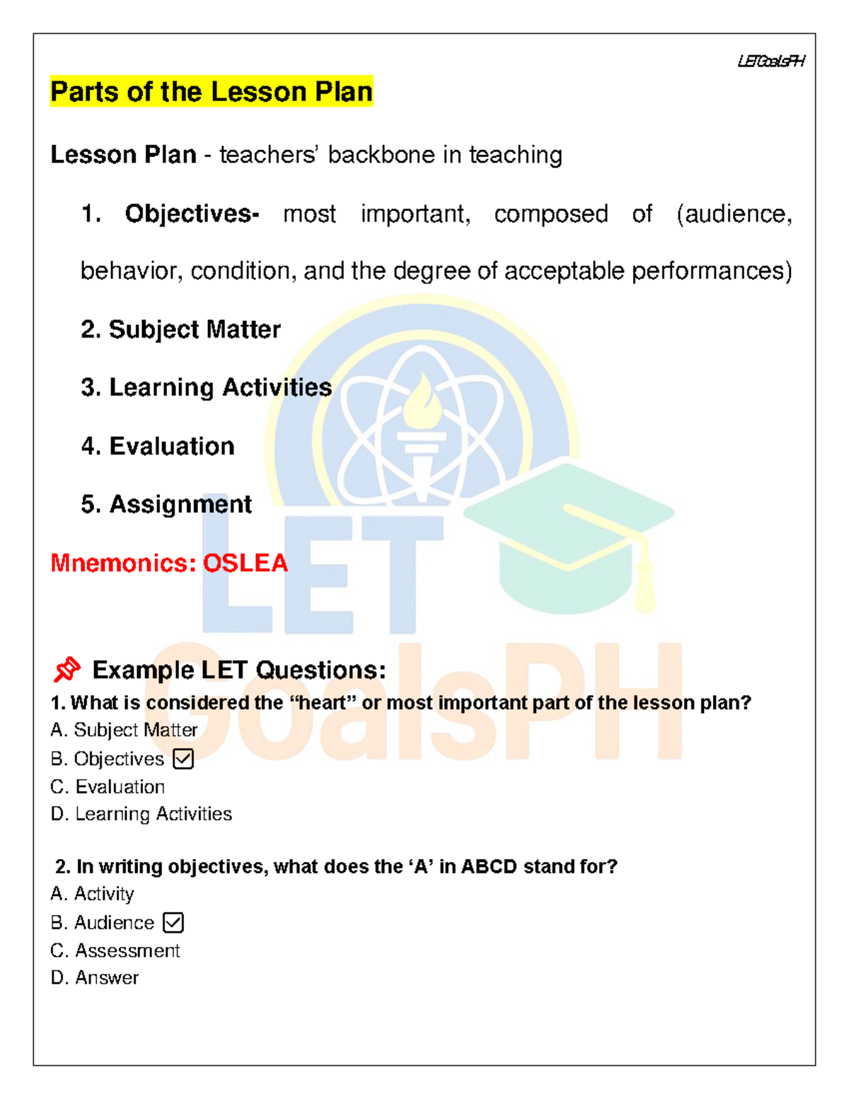 LETGoalsPH Lesson Plan Components and Key Questions - Studocu