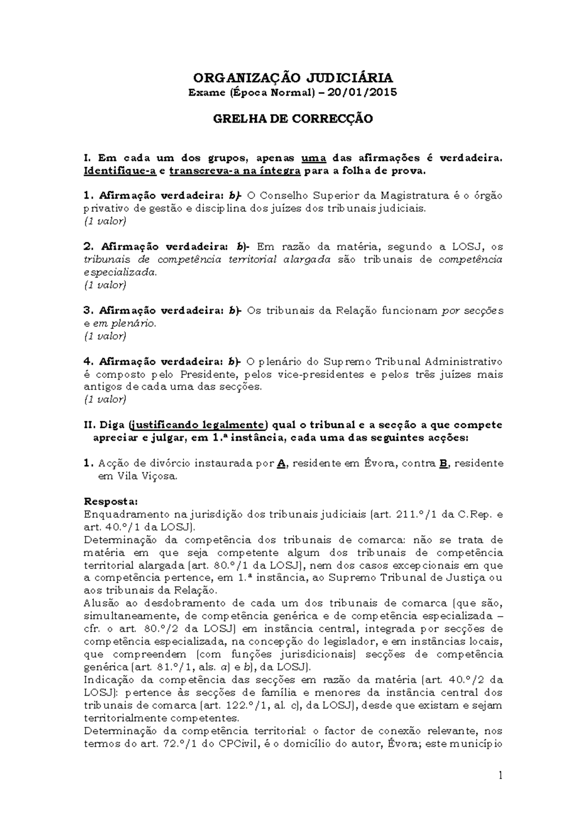 Pdf - jhh - ORGANIZAÇÃO JUDICIÁRIA Exame (Época Normal) – 20/01/ GRELHA ...