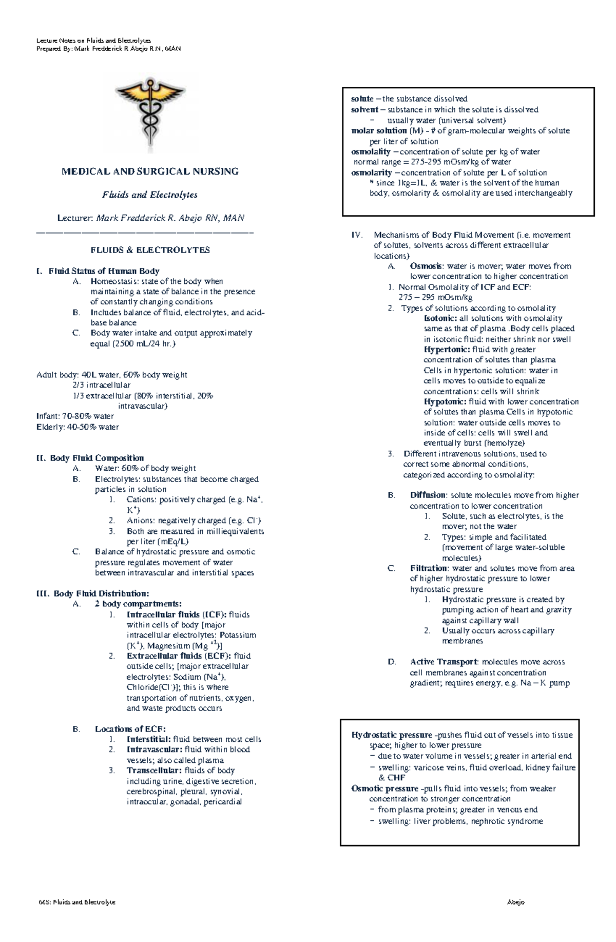 Fluid and Electrolytes Study Notes for Nursing (MEDSURG 101) - Studocu