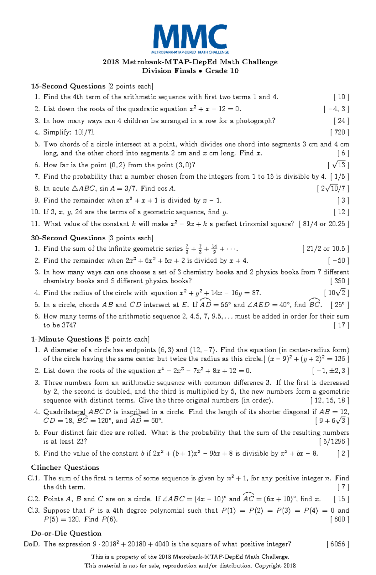Grade 10 MMC Division Finals: Math Challenge Questions and Solutions ...