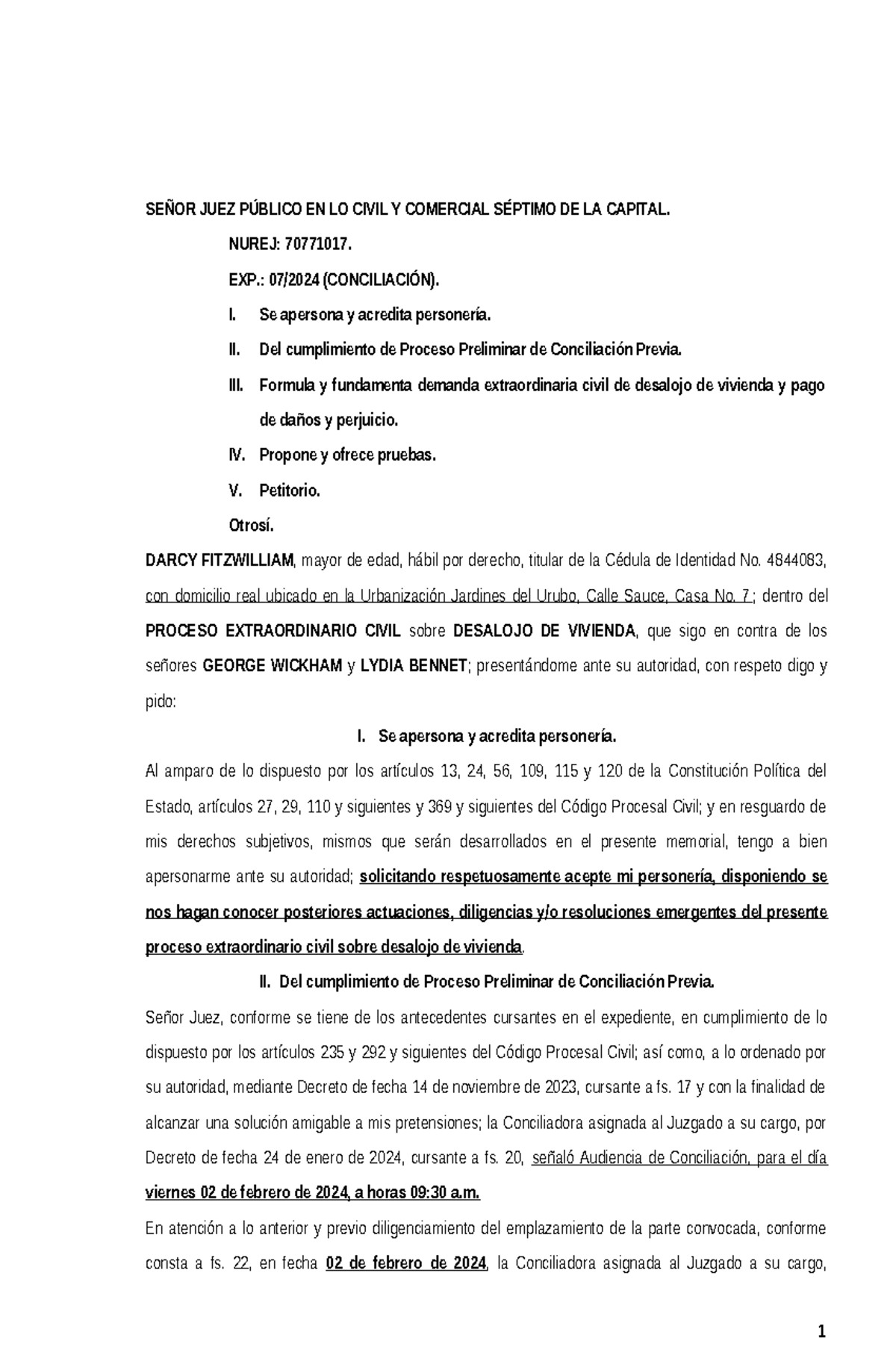 Demanda Extraordinaria Civil de Desalojo - Proceso NUREJ: 70771017 - Document Preview