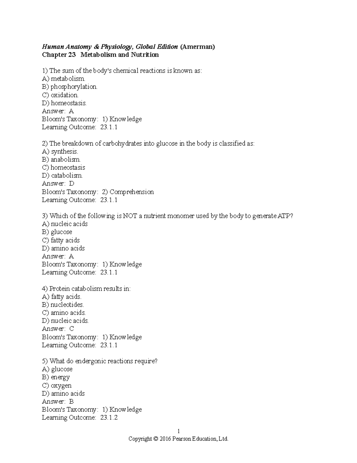 Chapter 23 Test Bank for Human Anatomy & Physiology (Amerman) - Document Preview