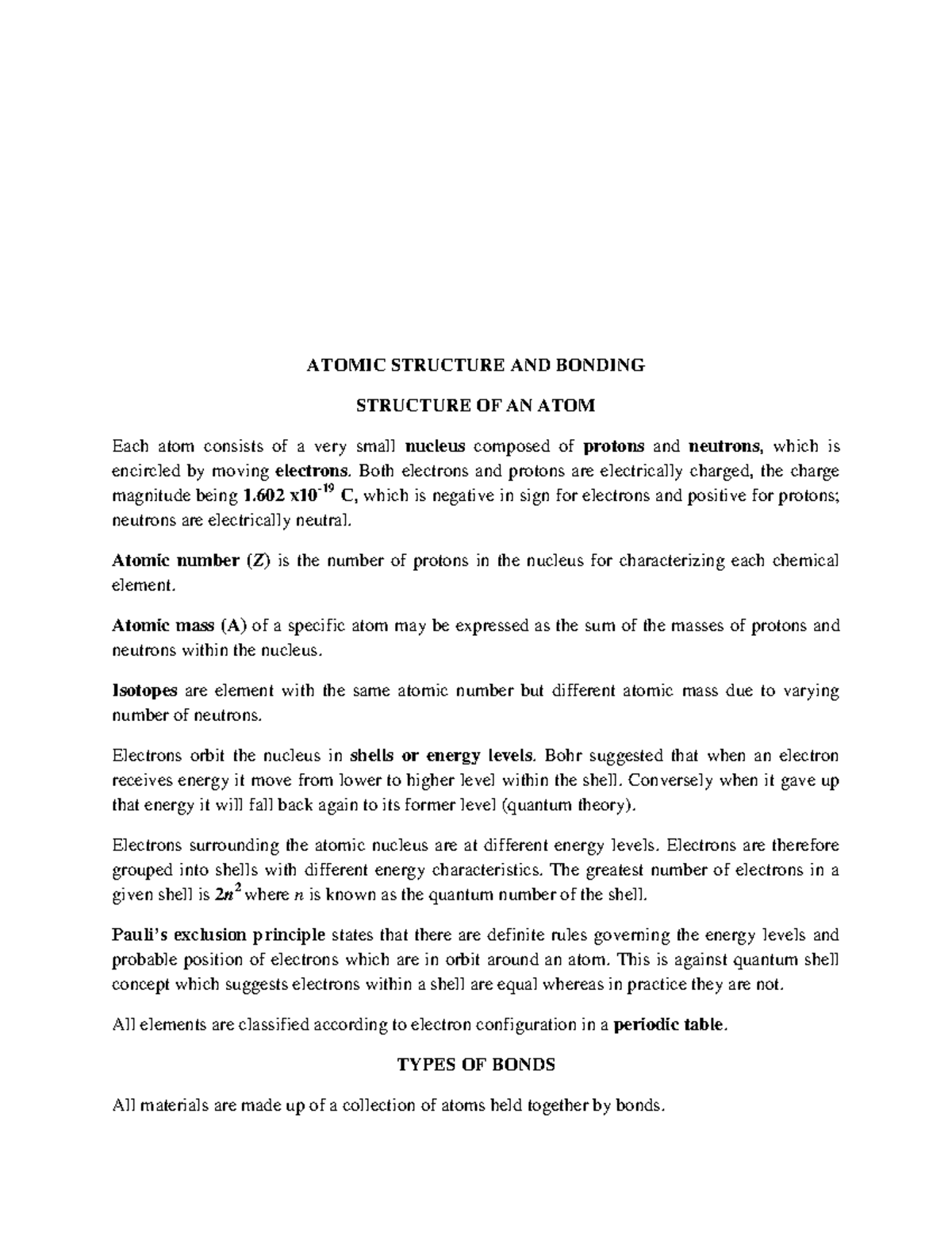ATOMIC STRUCTURE AND BONDING: A COMPREHENSIVE OVERVIEW - Studocu