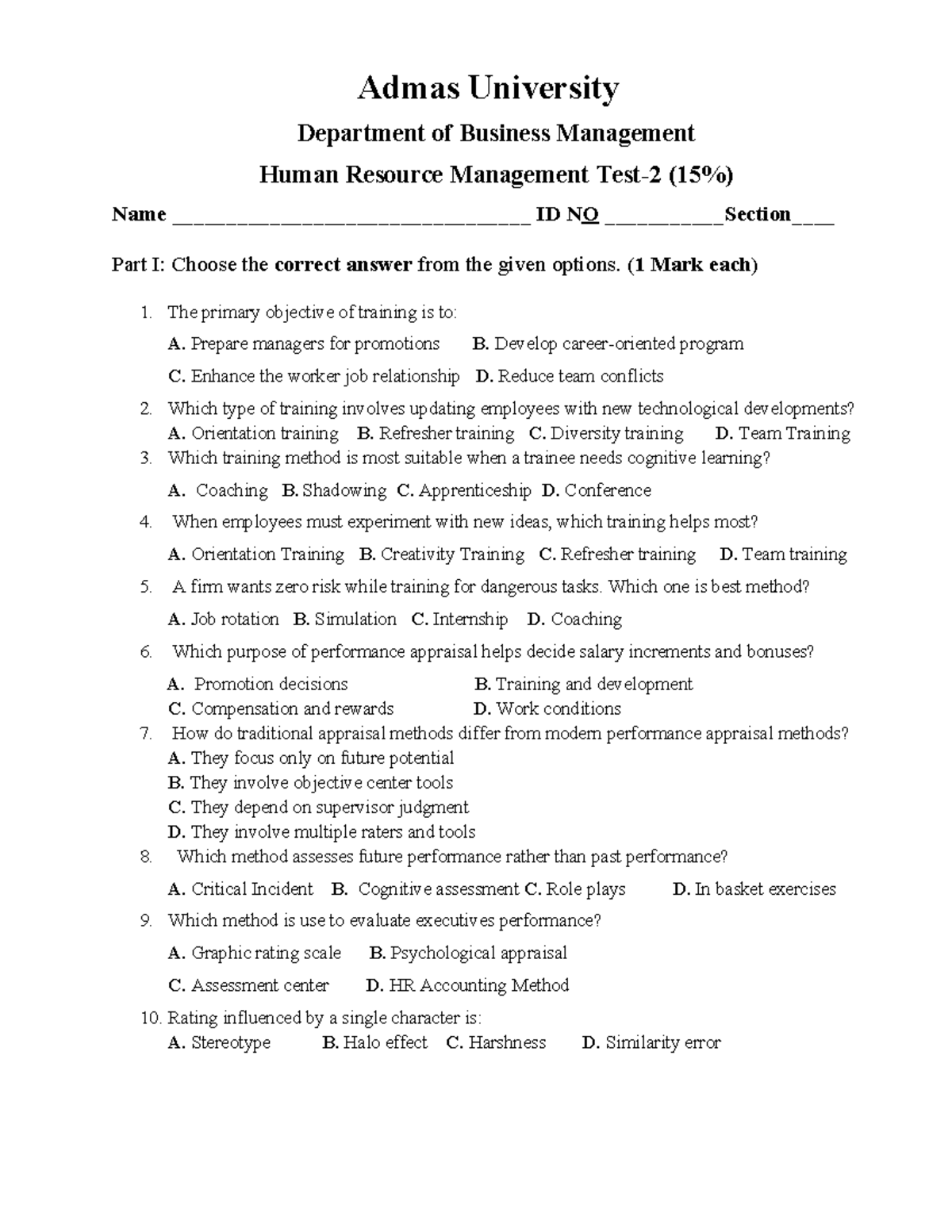 HRM 101: Human Resource Management Test 2 - Multiple Choice & Short ...
