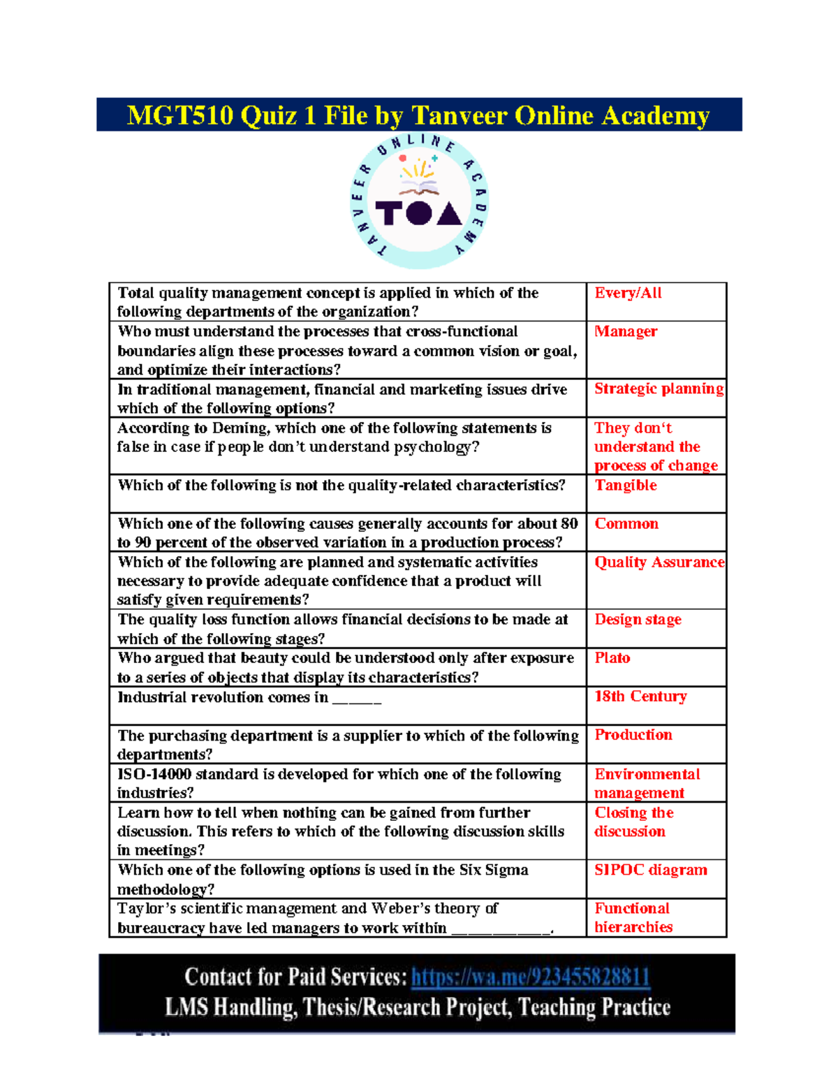 MGT510 Quiz 1: Total Quality Management Concepts and Applications - Studocu